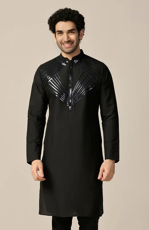 Black Silk Metallic Geometric Long Kurta