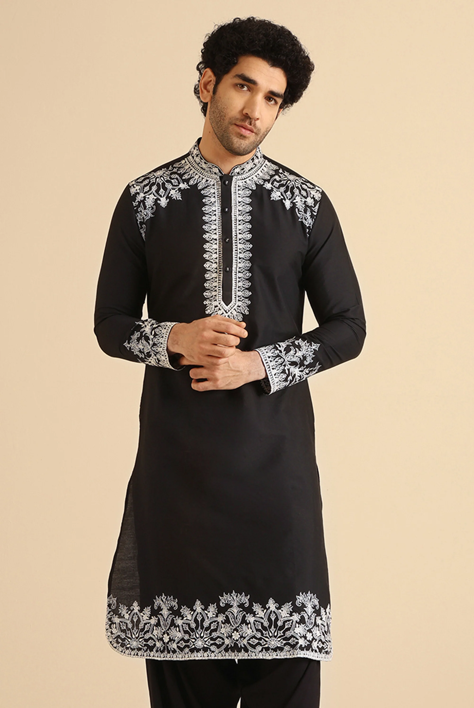 Black Cotton Embroidered Kurta - Image 2