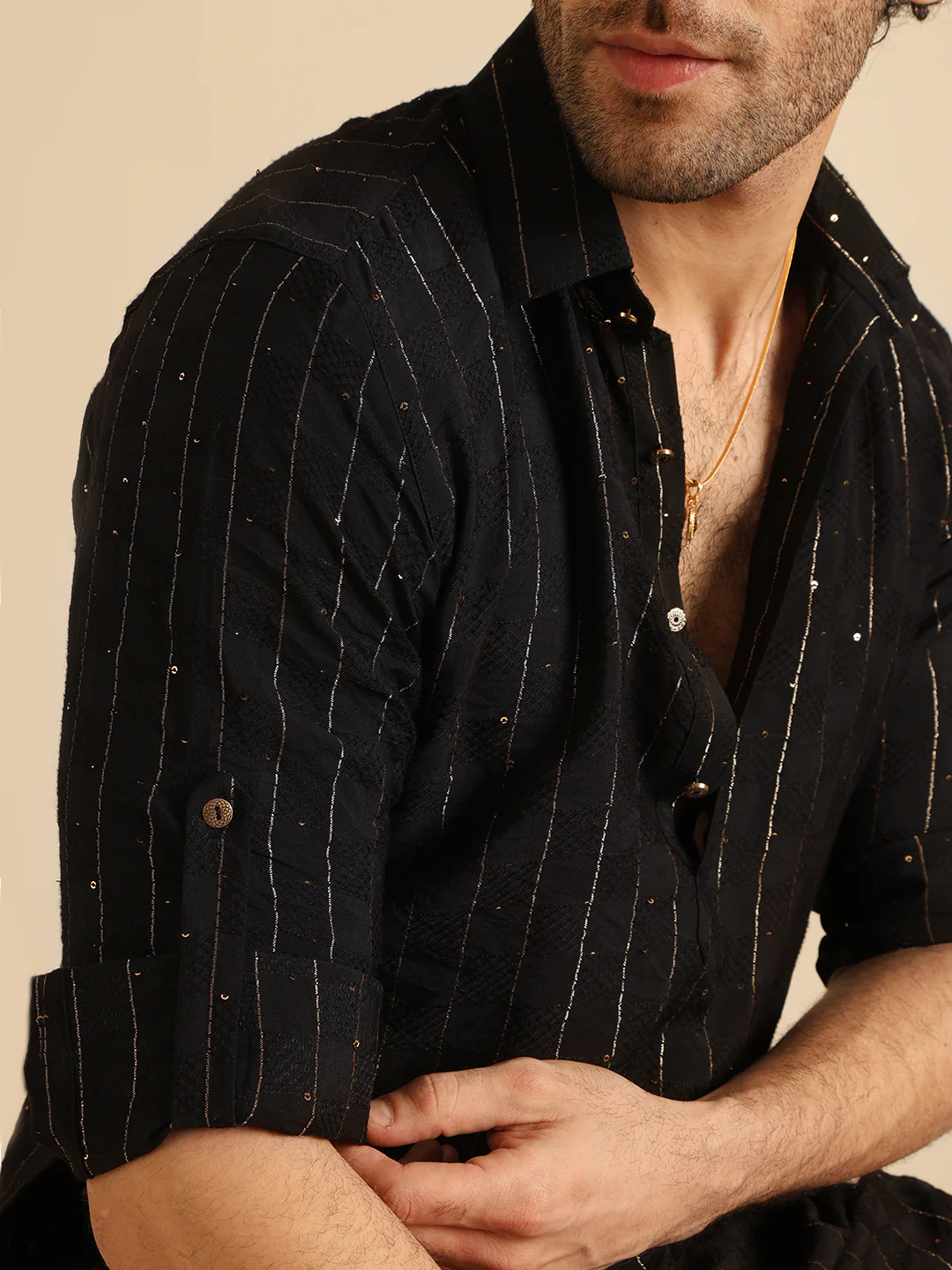 Black Silk Blend Sequins Striped Pathani Kurta - Image 5