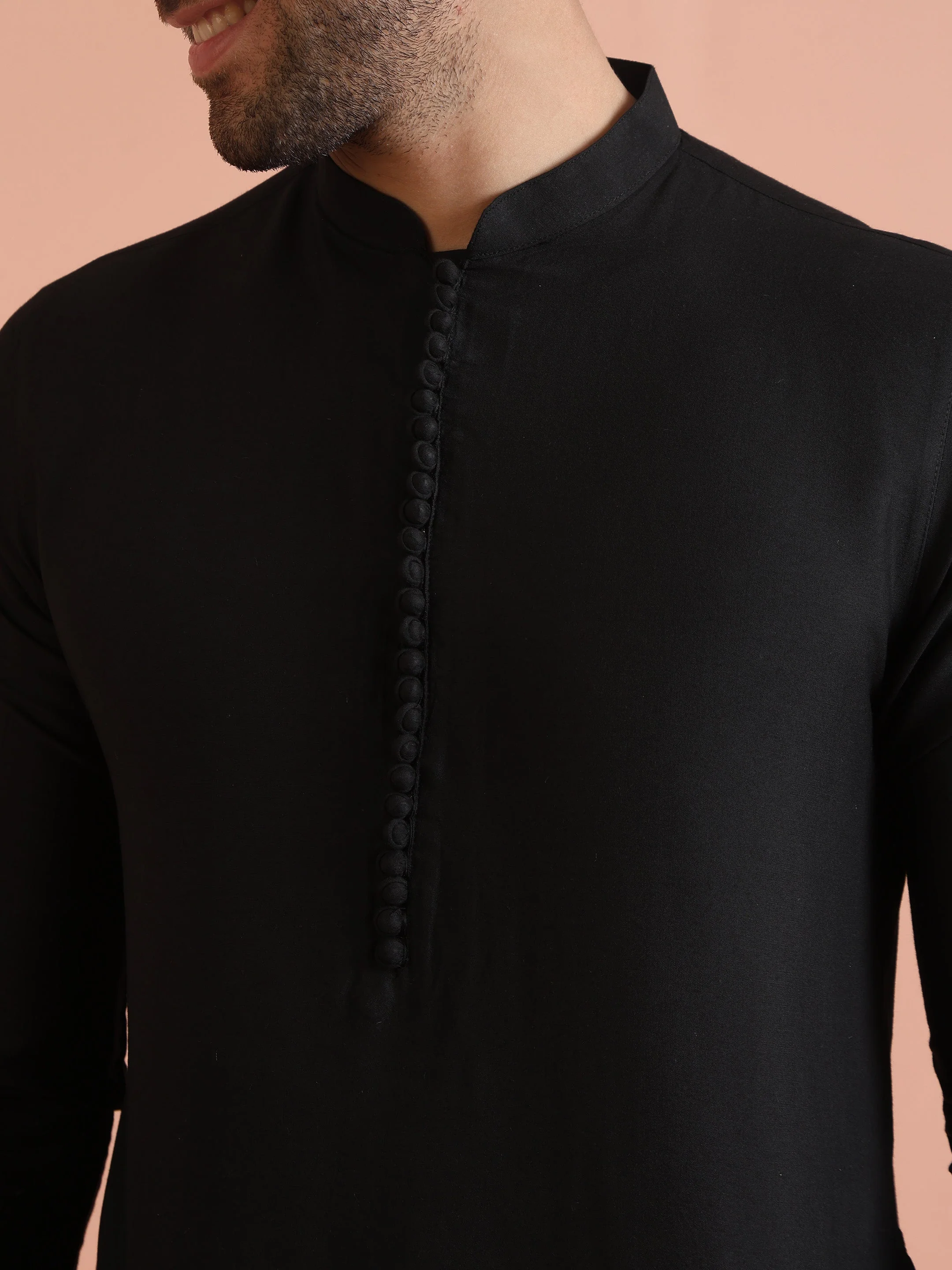 Black Silk Blend Solid Mid Kurta Trouser Set - Image 21