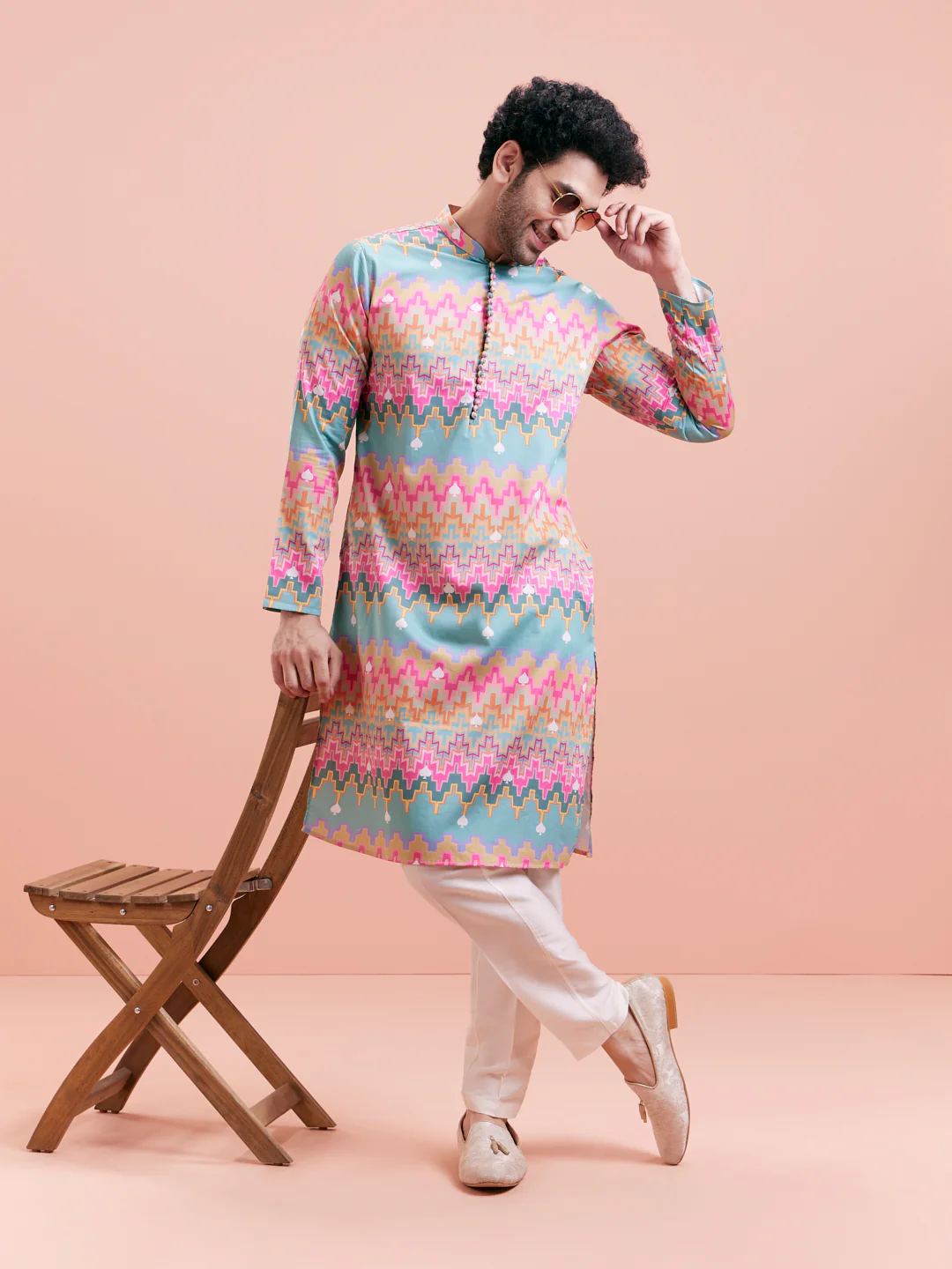 Aqua Blue Multicolor Printed Silk Kurta