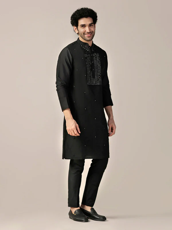 Black Silk Blend Mirror Work Kurta with Trouser - Image 2