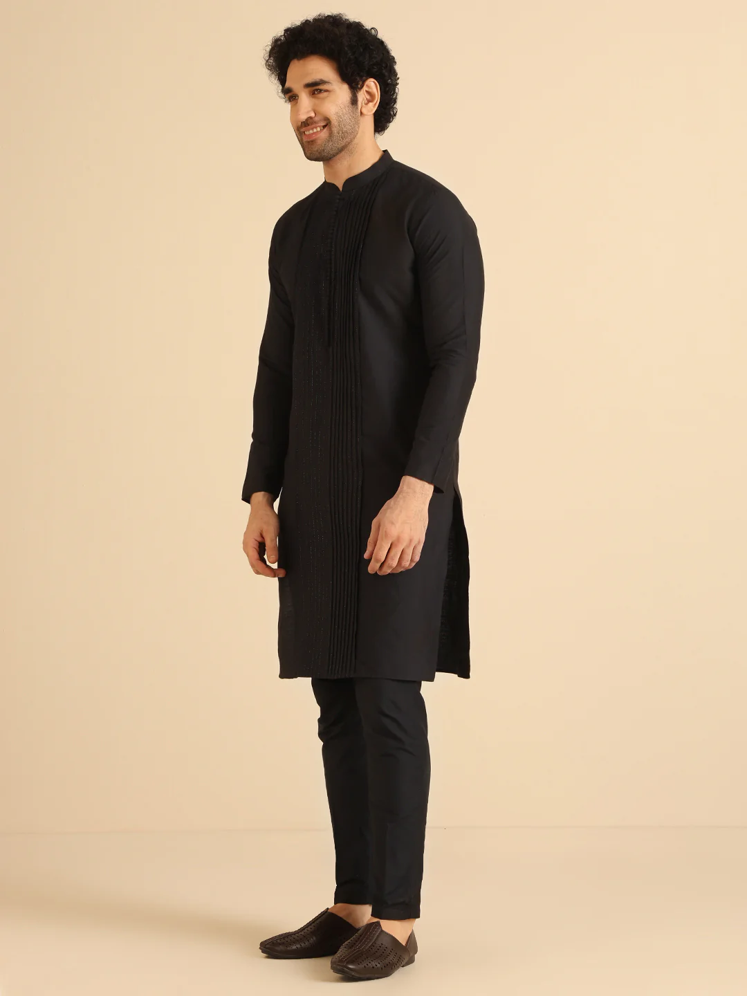 Black Cotton Silk Kurta Trouser Set Pintuck Detail Solid Ethnic Outfit Festive Wear - Image 3