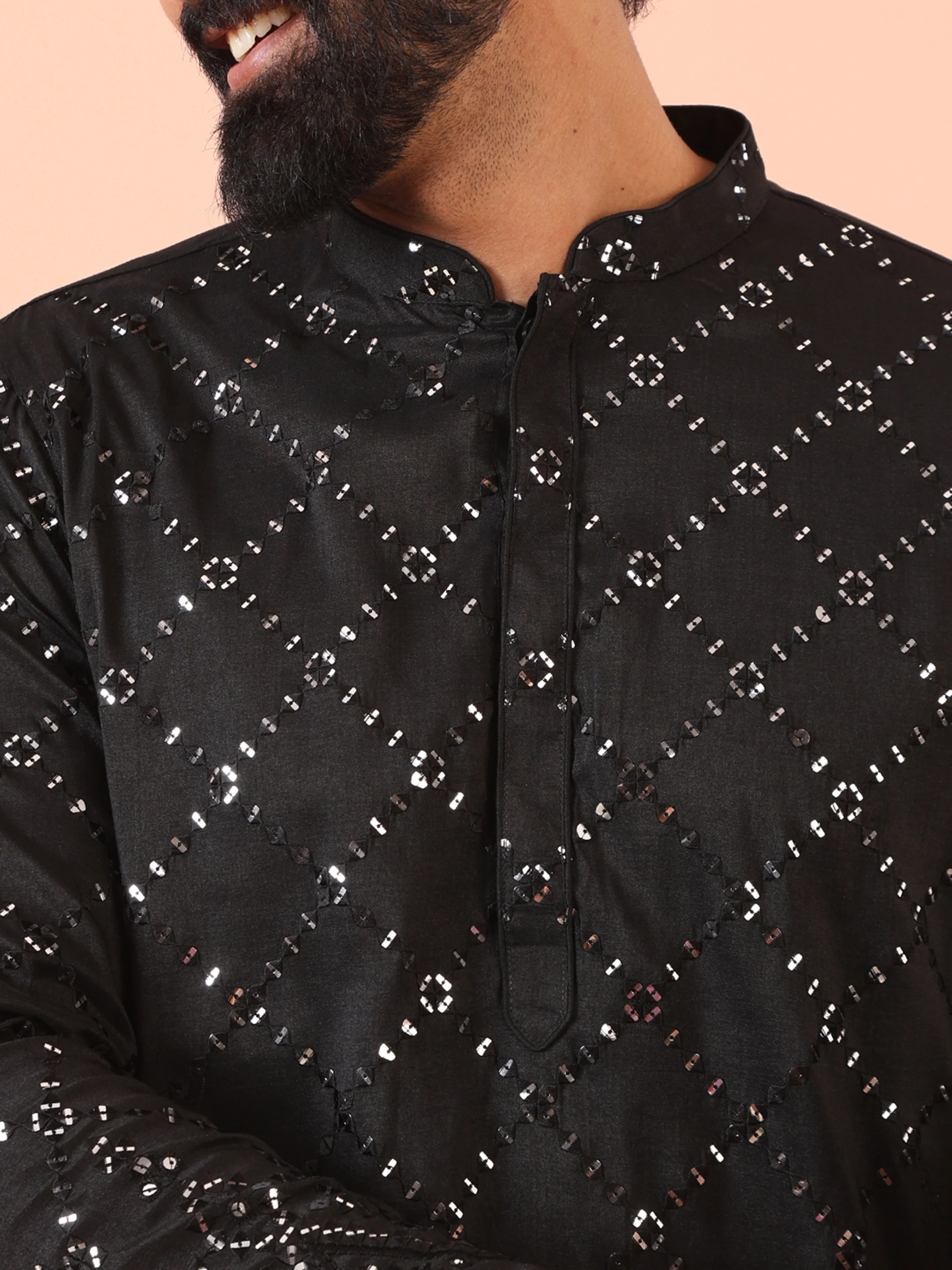 Men Black Mirror work Kurta Trouser Set - Image 6