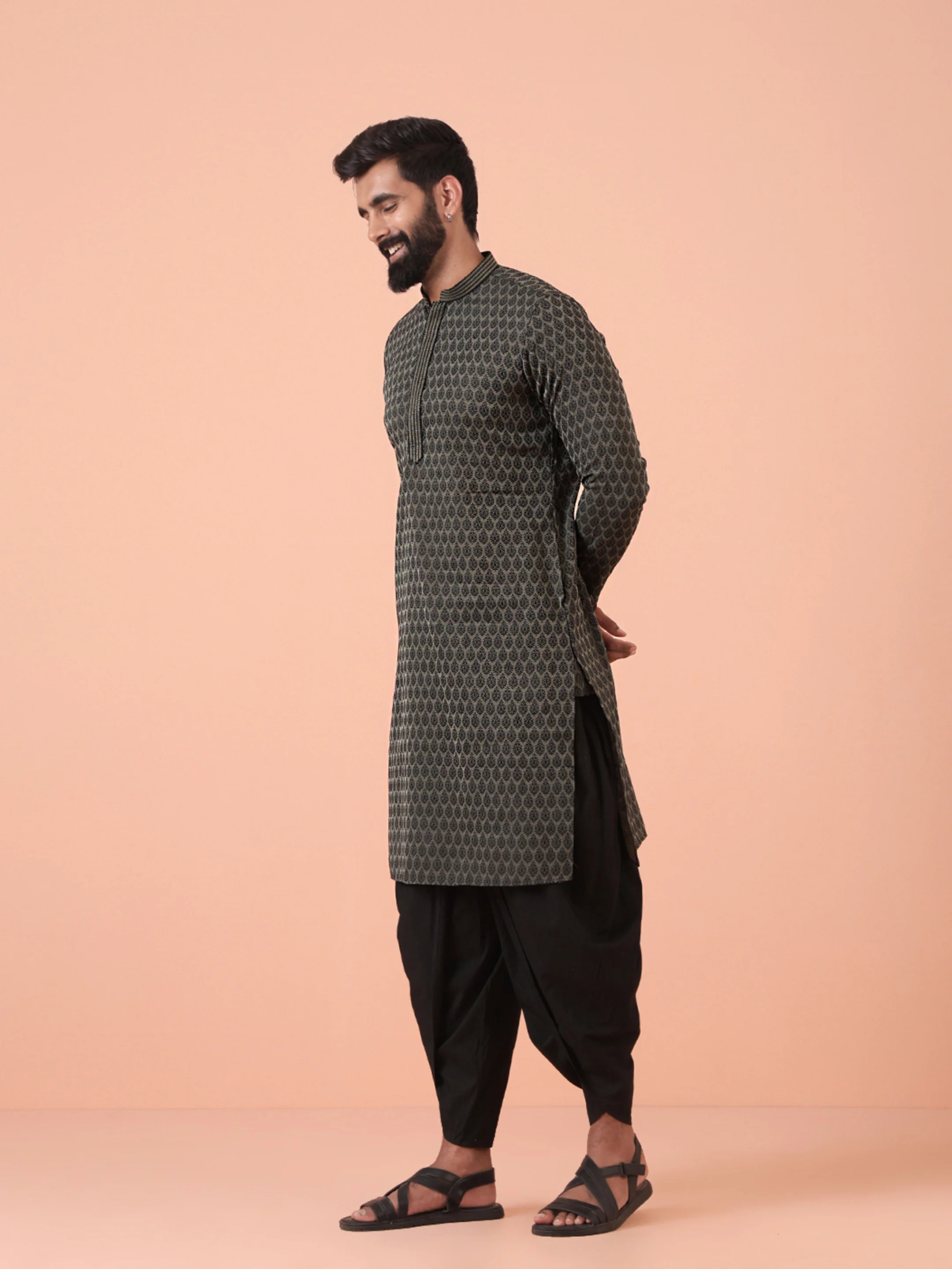Men Black Woven Design Kurta Dhoti Pants Set - Image 2