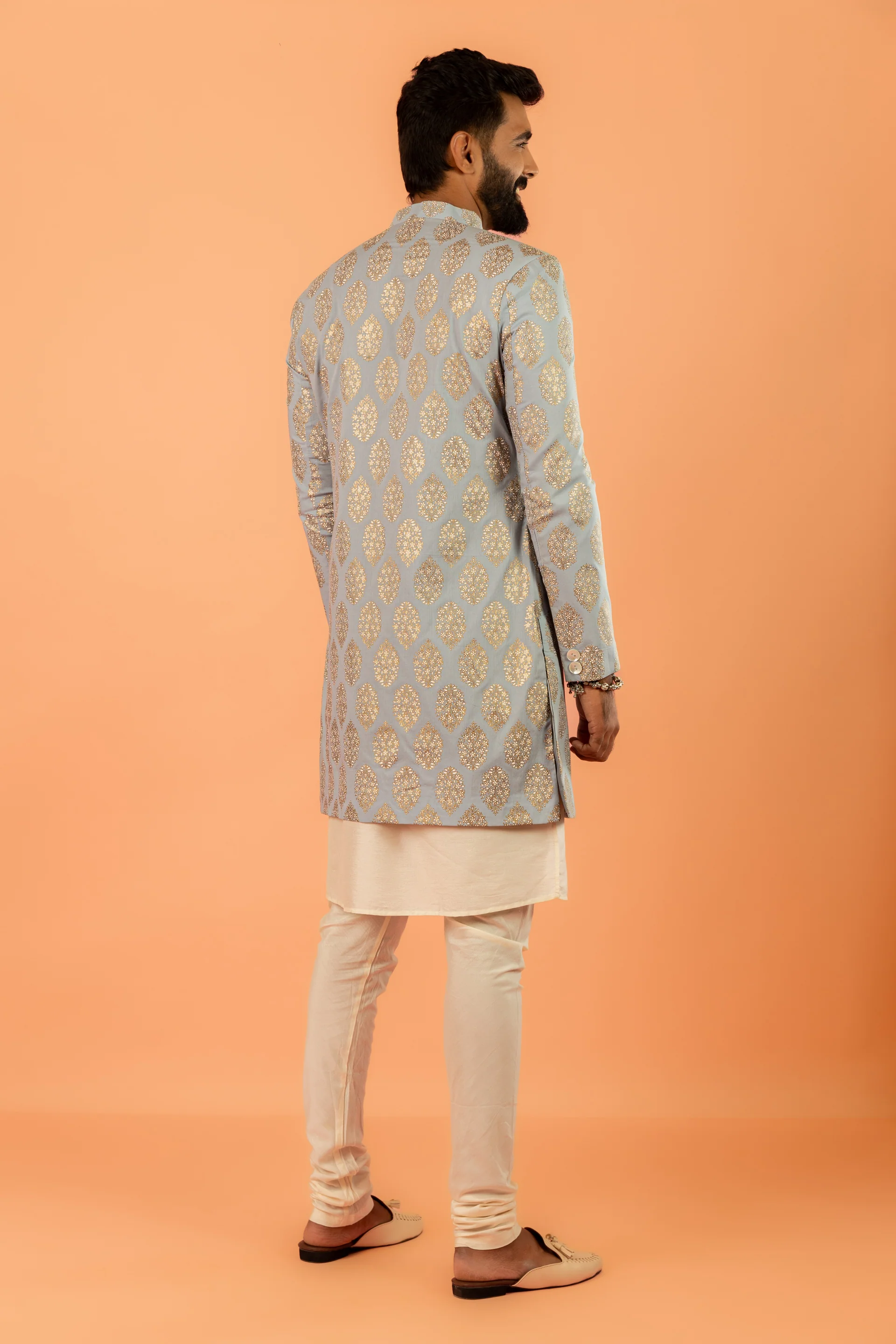 Men Blue Foil Print Kurta Indowestern Trouser Set with Ethnic Motifs - Image 3
