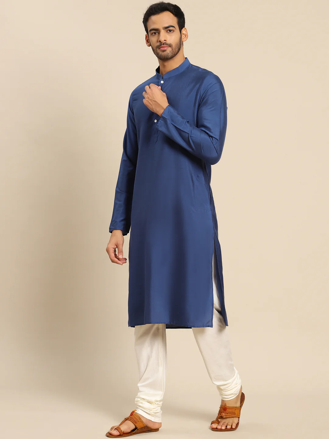 Blue Silk Blend Solid Kurta White Churidar - Image 2