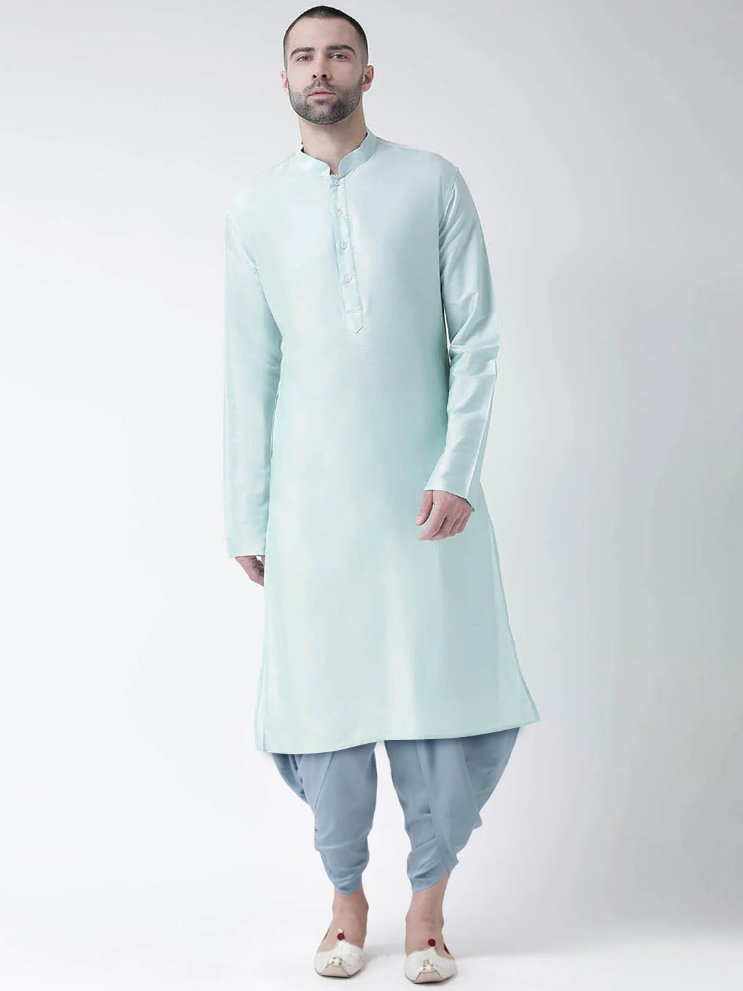 Mint Green Silk Blend Solid Kurta with Blue Dhoti
