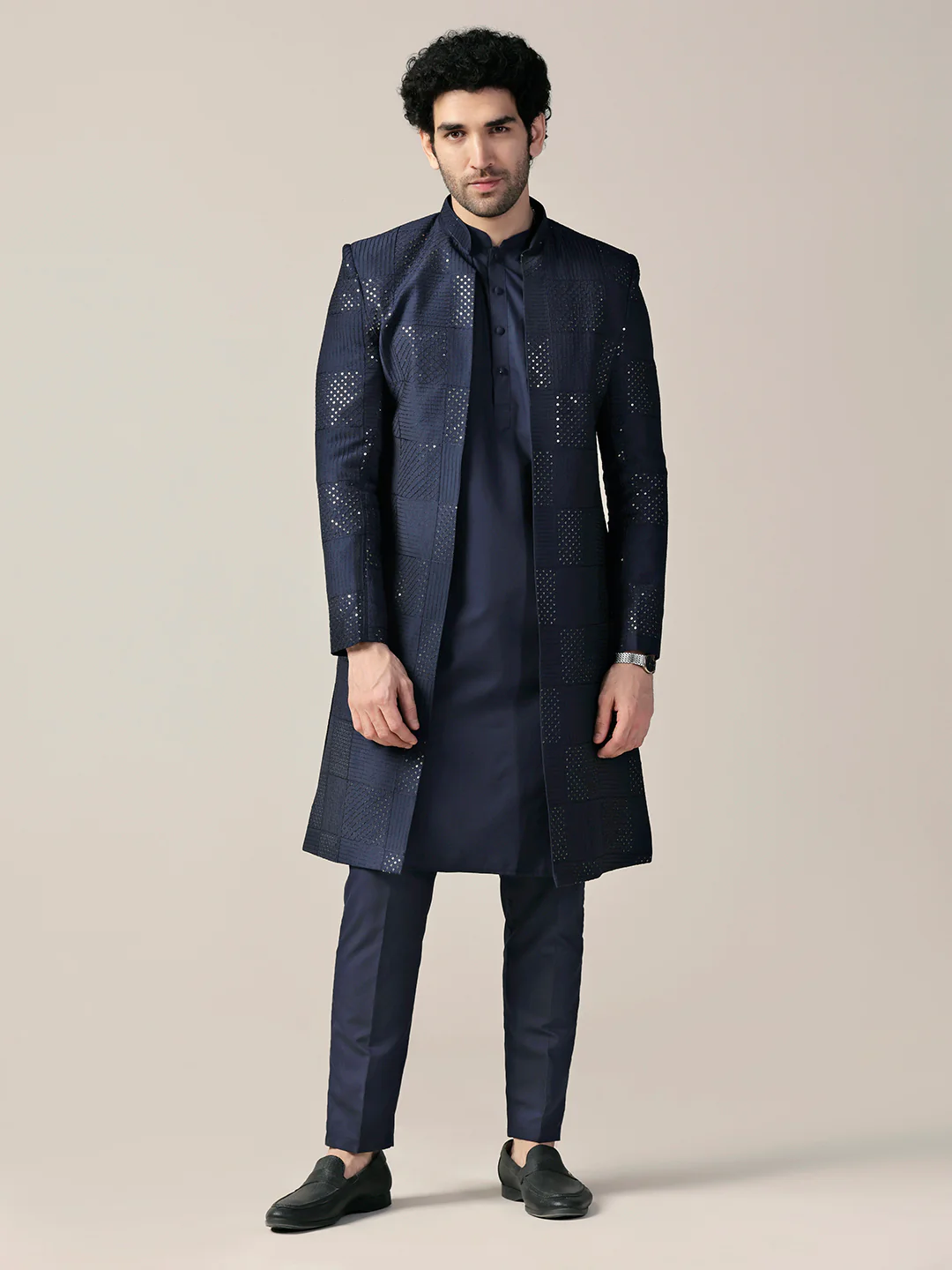 Men Navy Blue Textured Kurta Indowestern Trouser Set