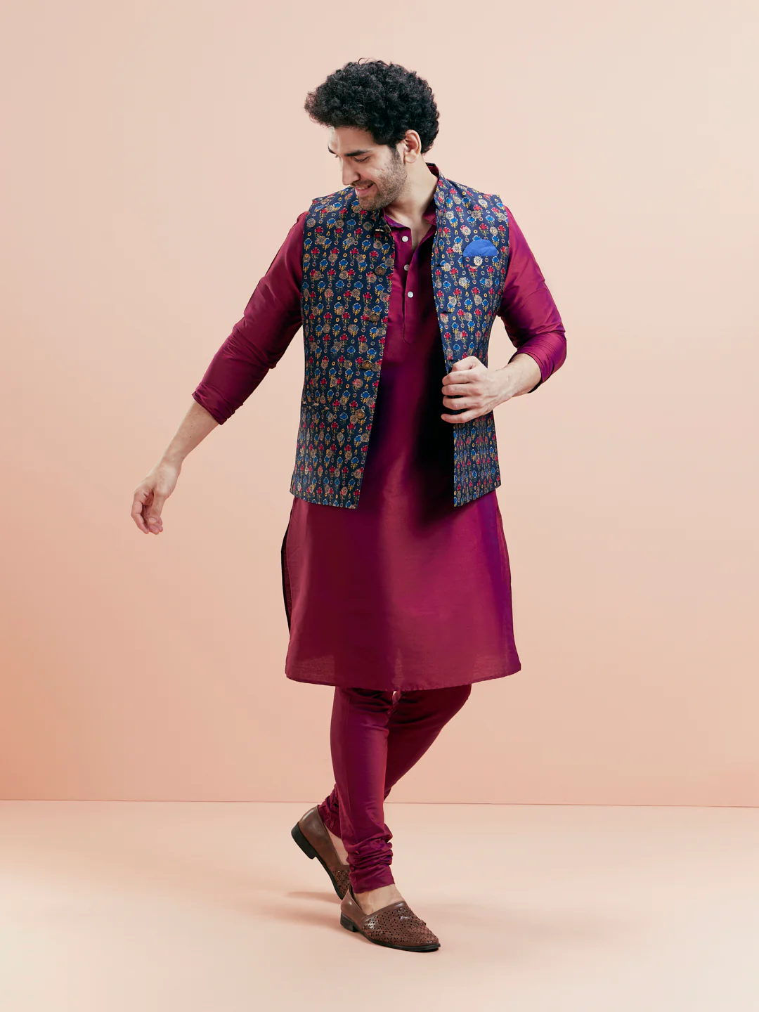 Blue Silk Printed Nehru Jacket Kurta Churidar