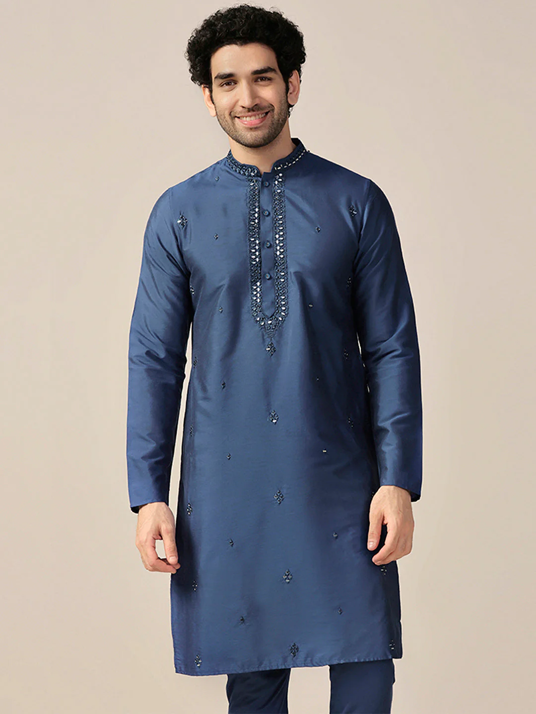 Blue Mirror Work Silk Blend Kurta - Image 7