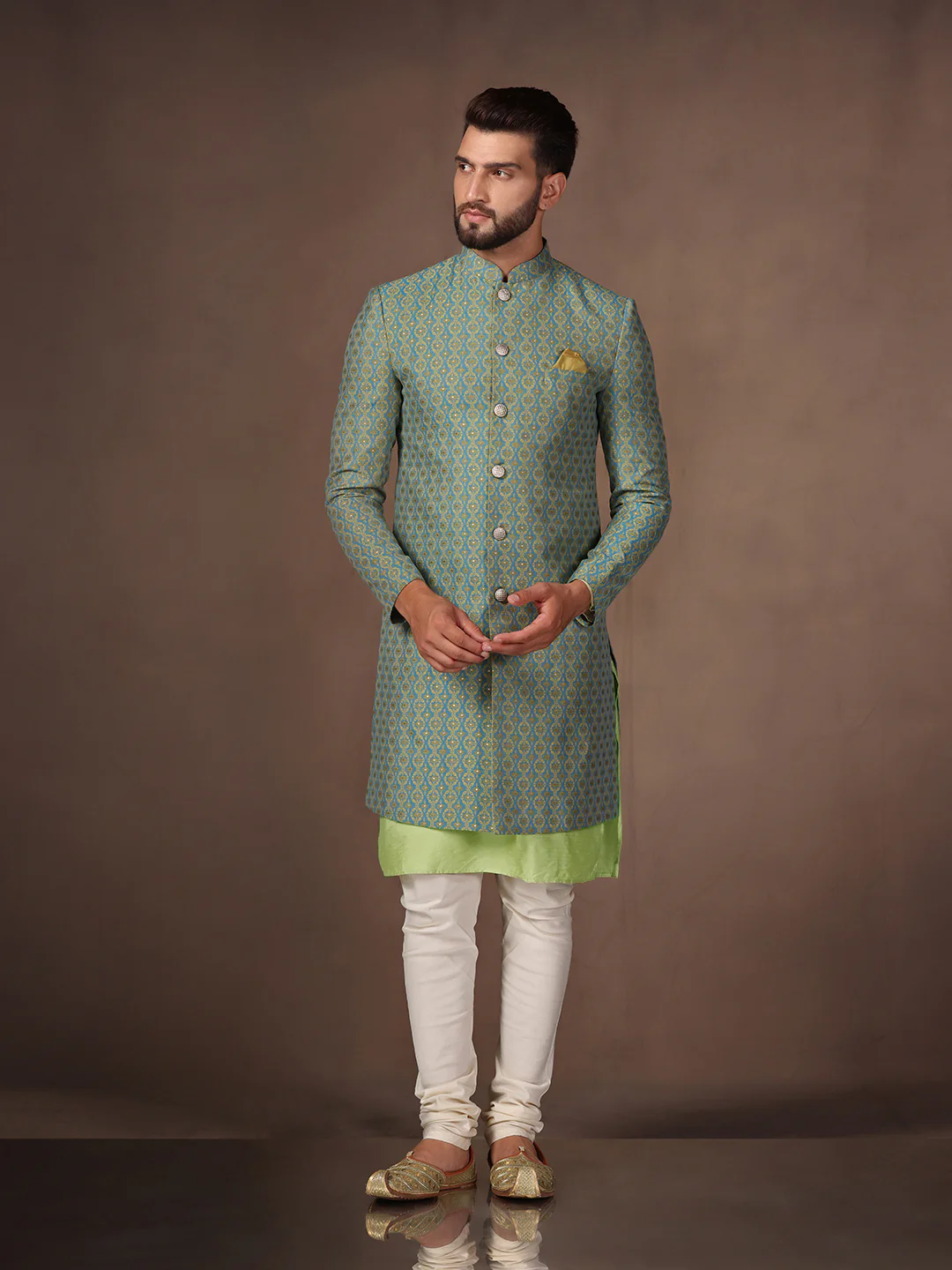 Men Blue Kurta Sherwani Churidar Set