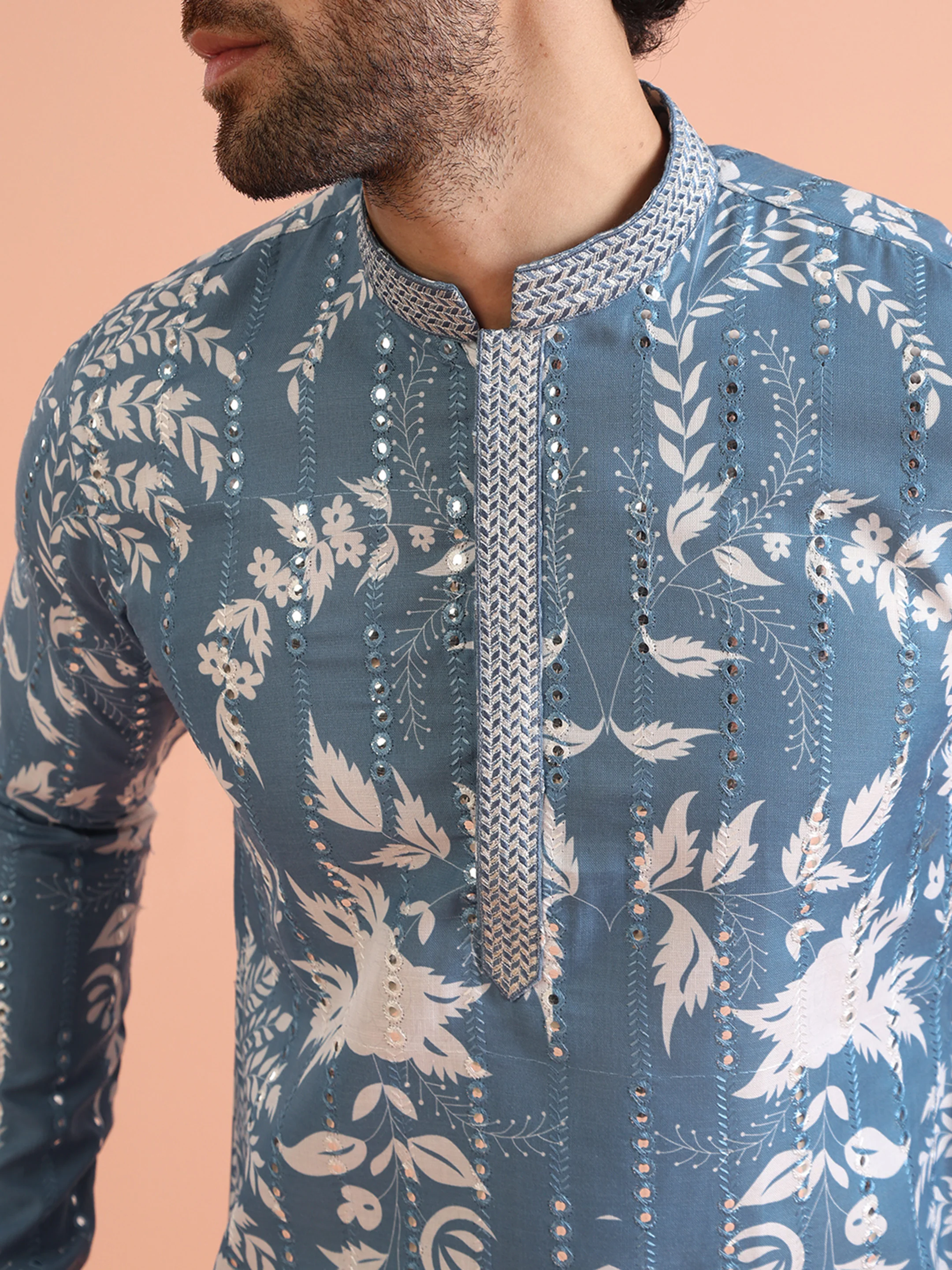 Blue Art Silk Mirror Work Printed Kurta - Image 6