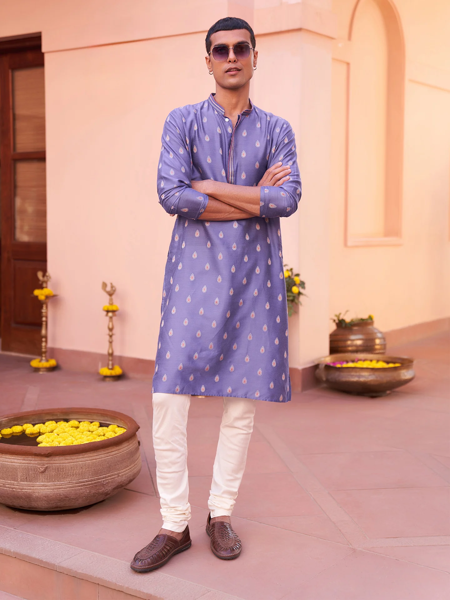 Men Blue Woven Design Kurta Churidar Set