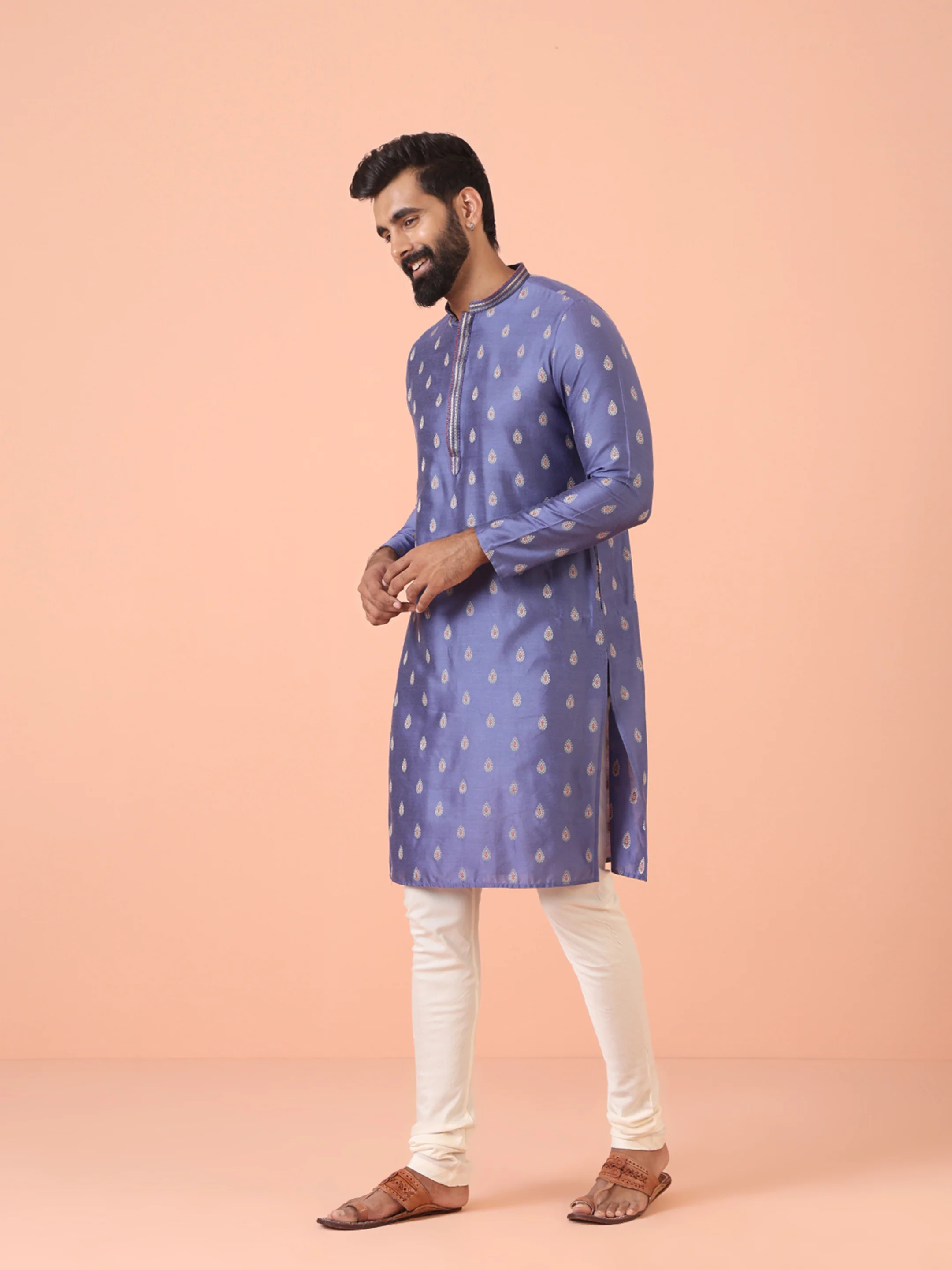 Men Blue Woven Design Kurta Churidar Set - Image 4