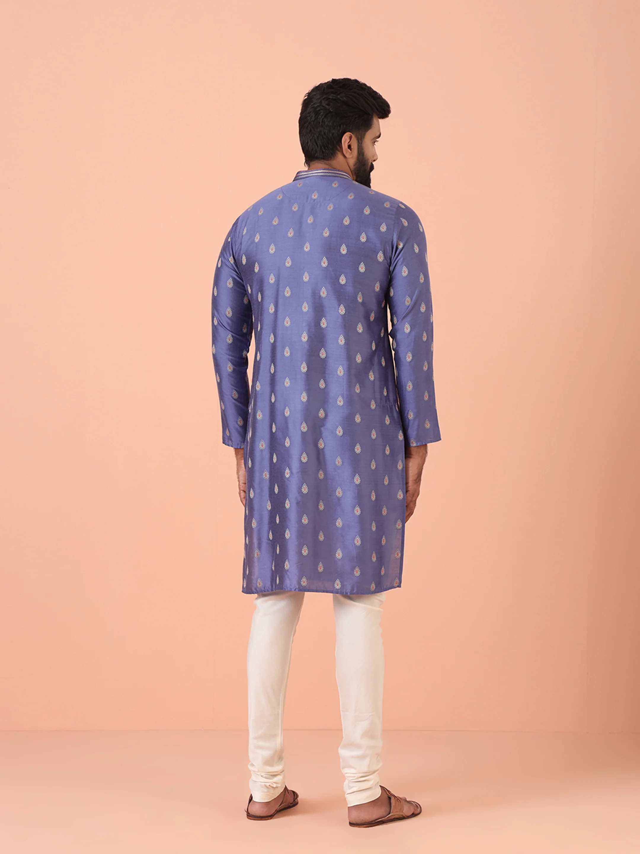 Men Blue Woven Design Kurta Churidar Set - Image 6