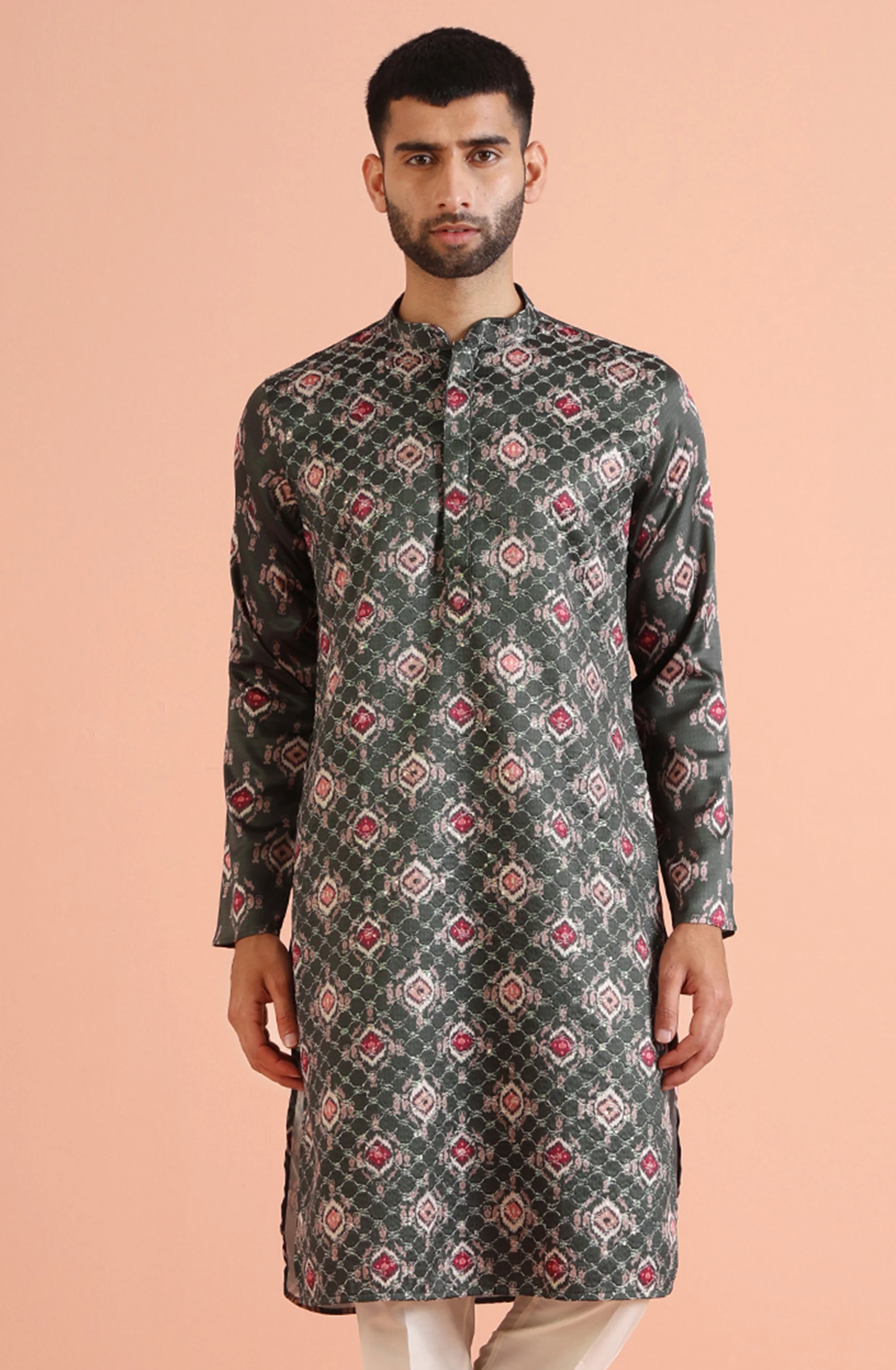 Dark Green Silk blend Printed Kurta