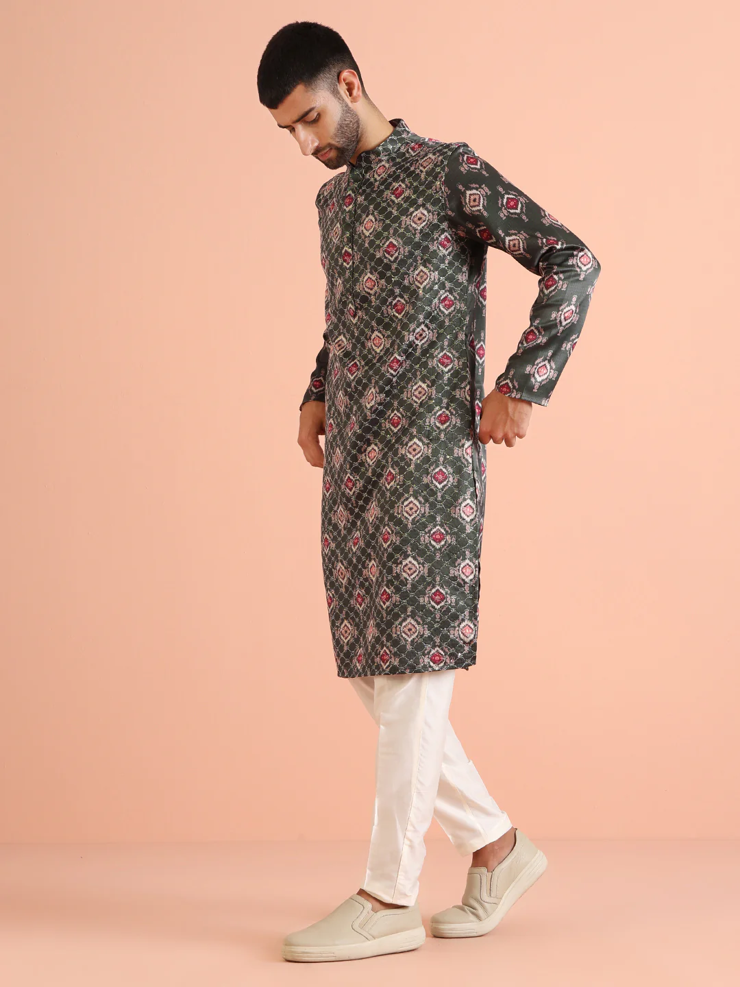 Dark Green Silk blend Printed Kurta - Image 3