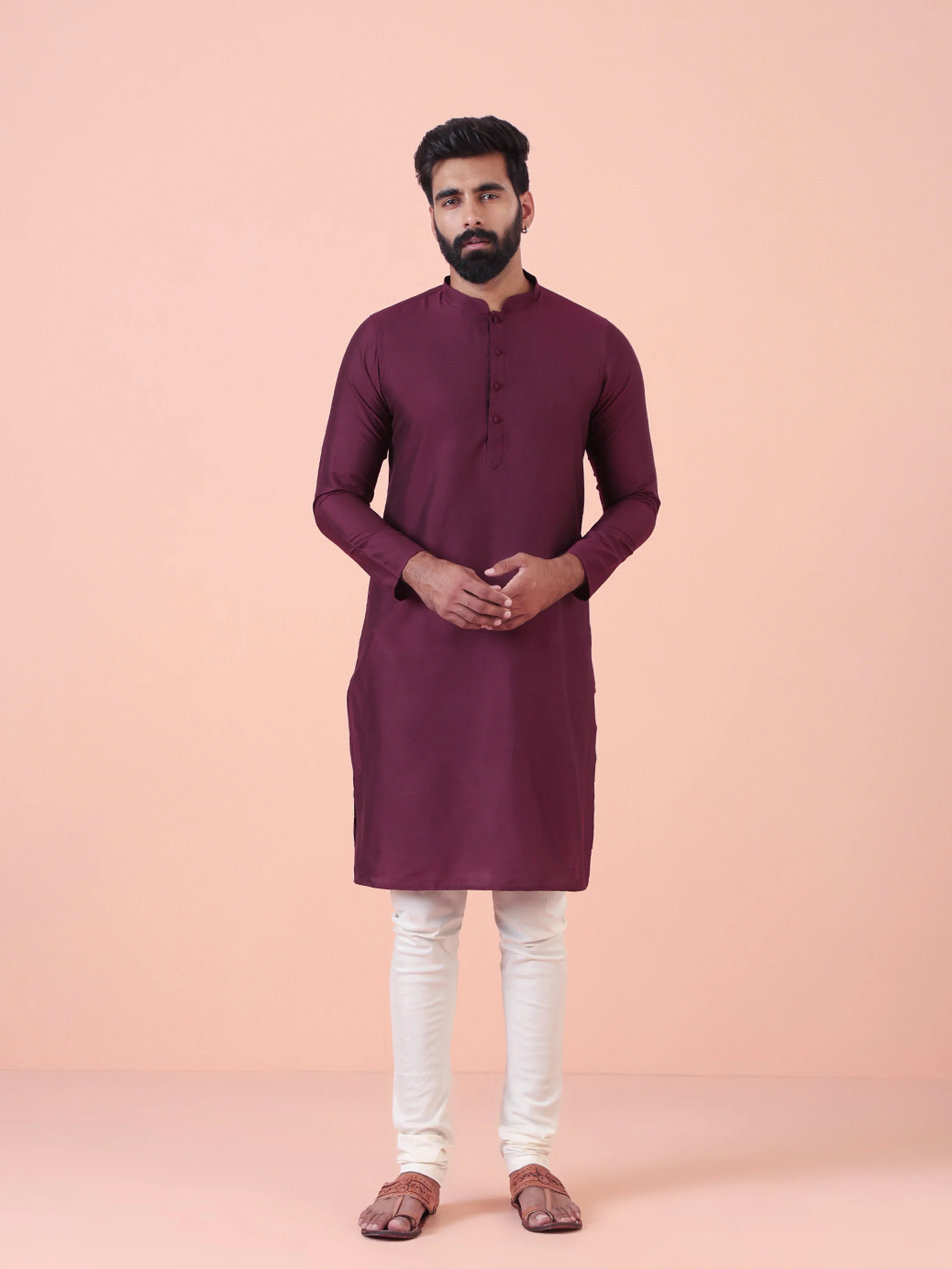 Maroon Solid Kurta Cream Churidar Set