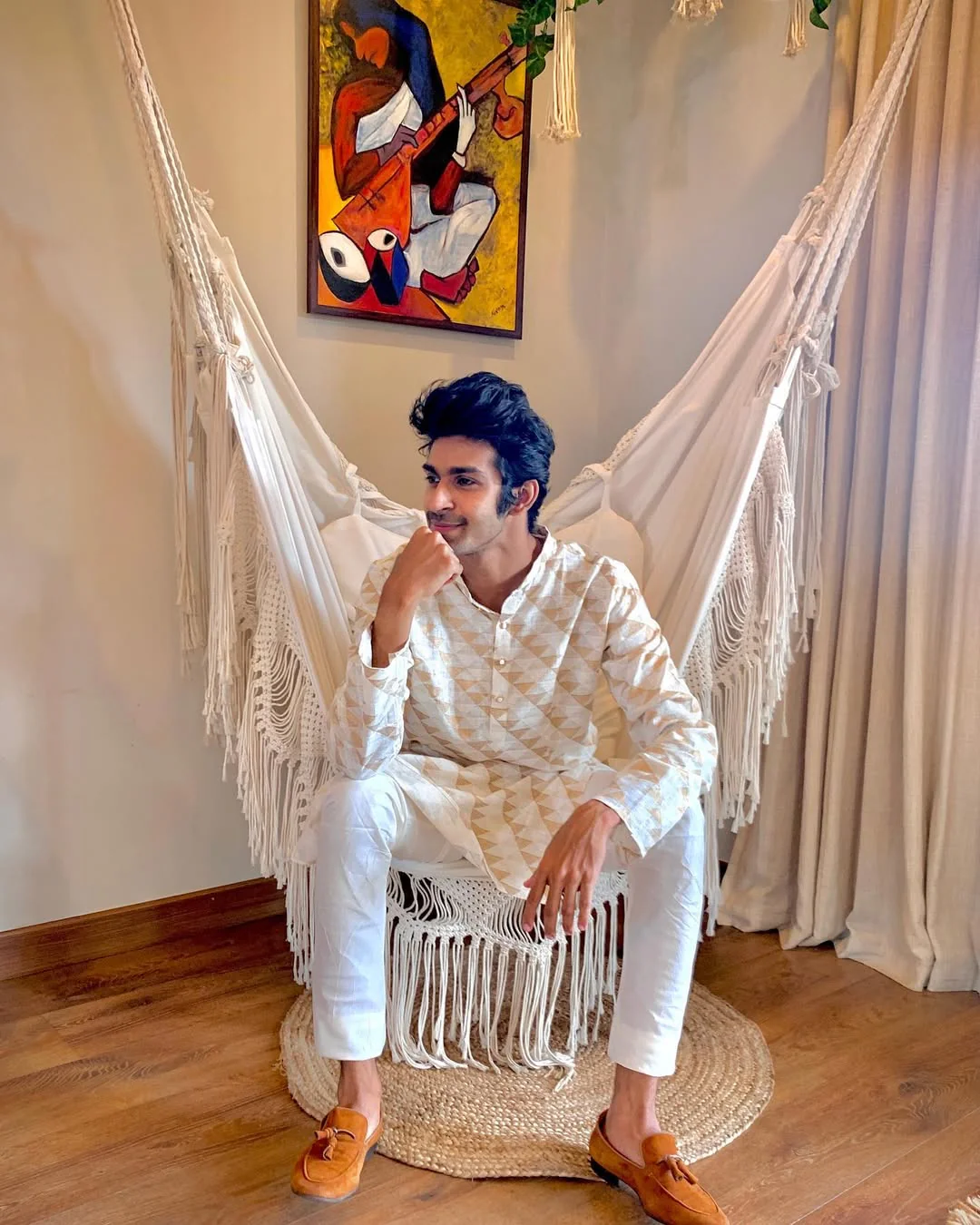 Beige Cotton Silk Geometric Kurta White Trouser Set