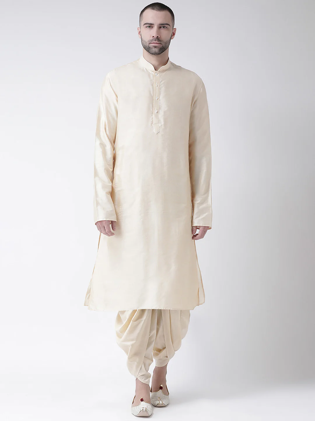 Beige Silk Blend Solid Kurta Dhoti Set