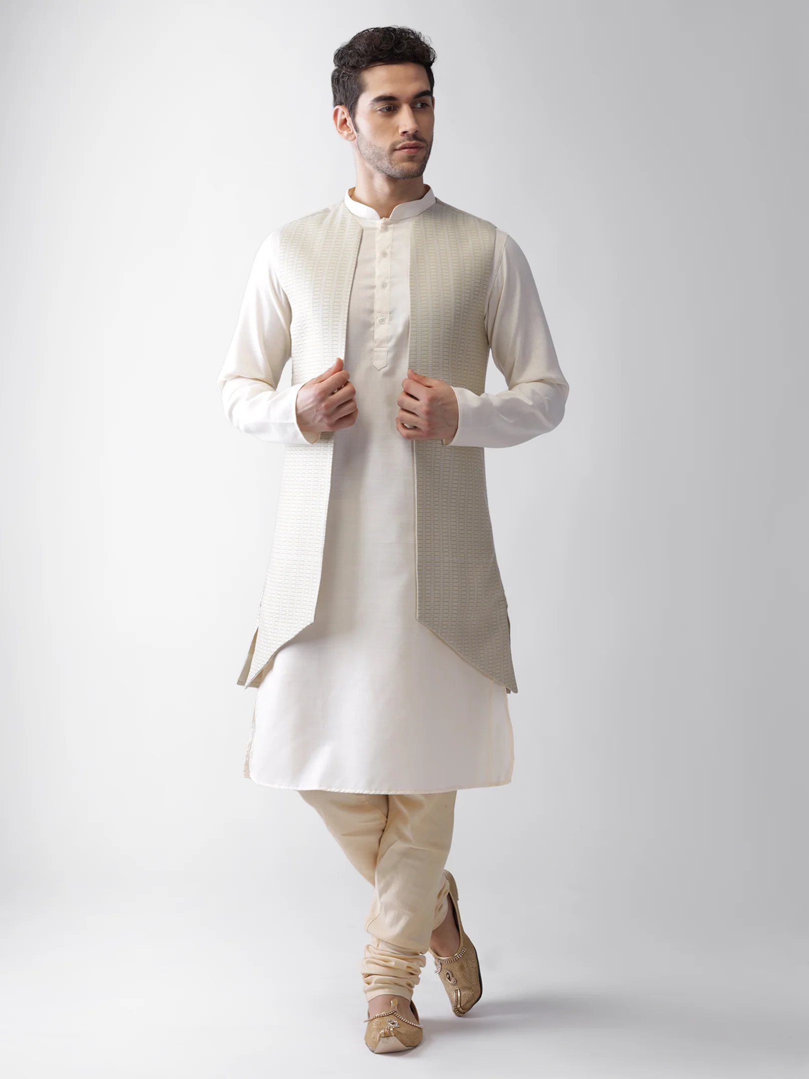 Off-White Silk Blend Jacket Kurta Churidar Set