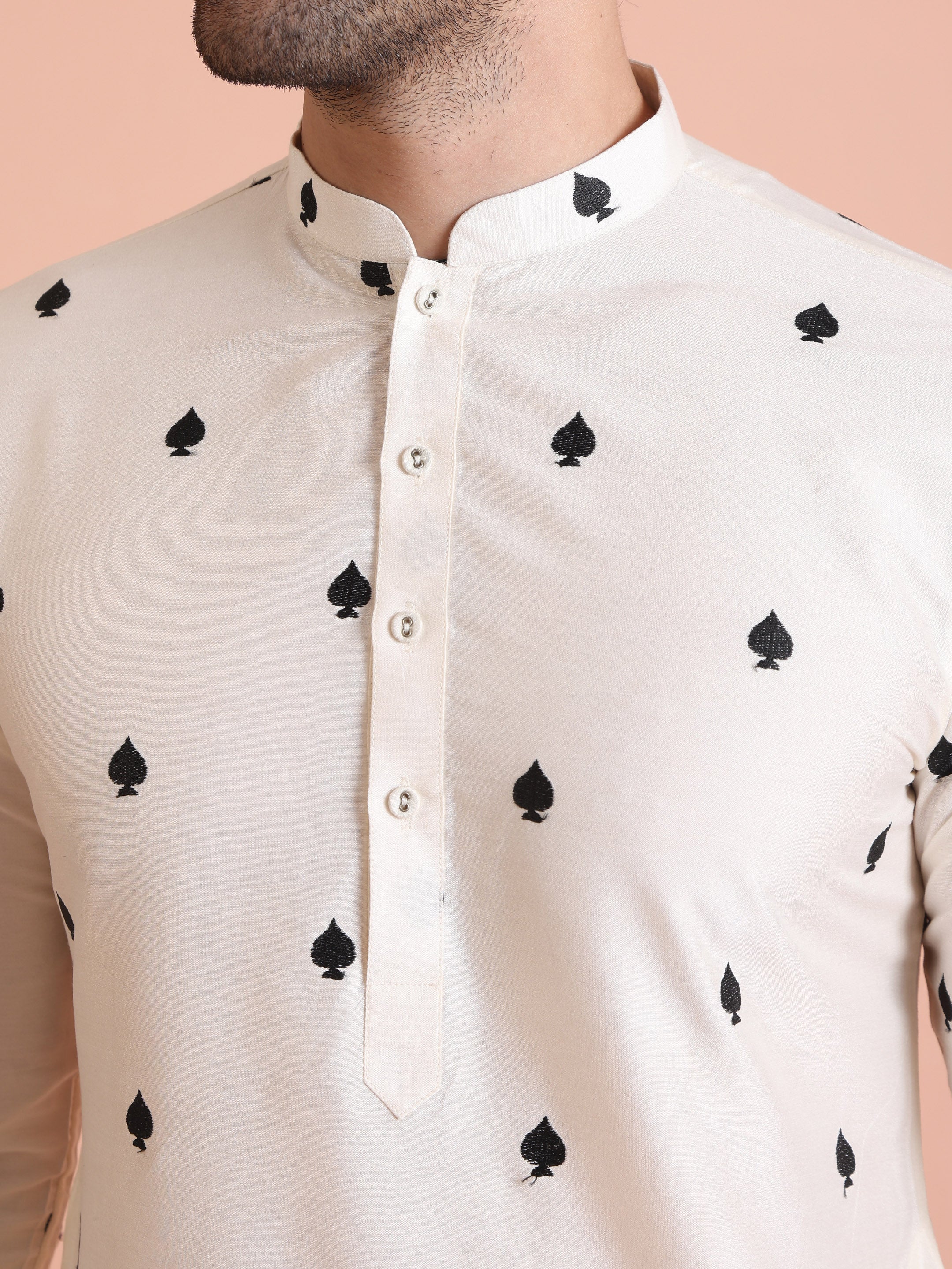 White Silk Blend Black Embroidered Kurta - Image 2