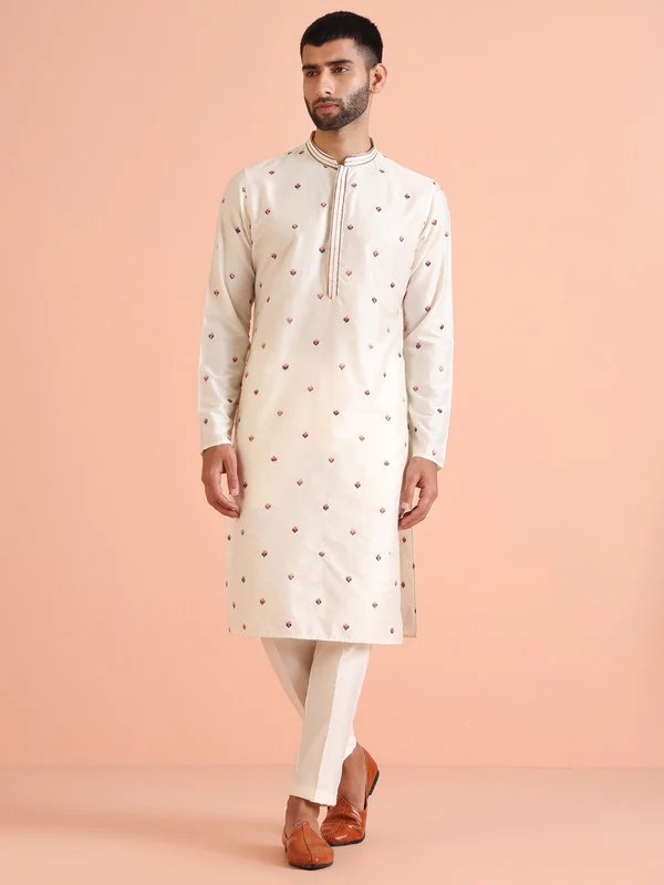 Cream Cotton Embroidered Kurta Trouser Set