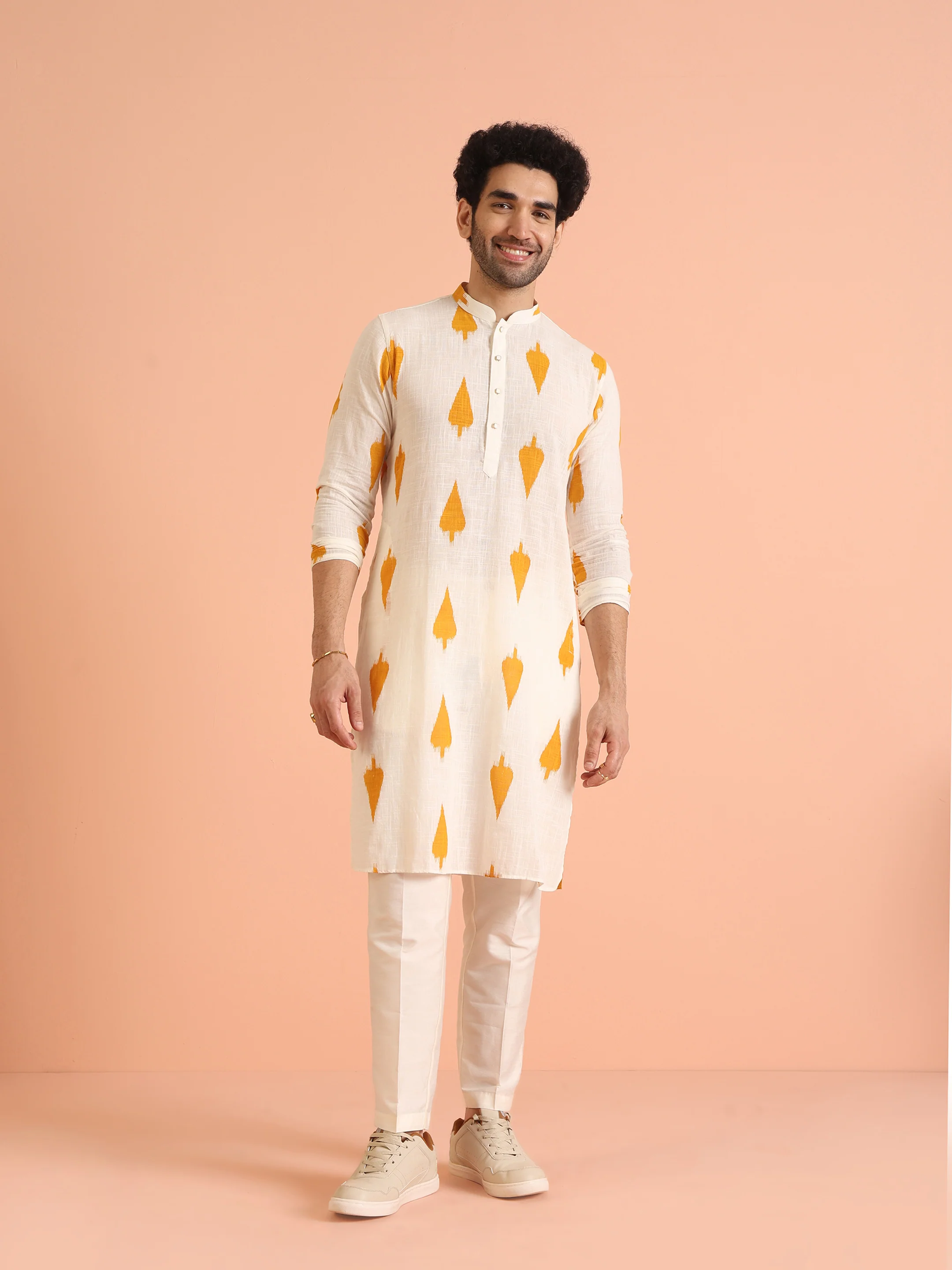 White Cotton Kurta Set with Mustard Ikat-Inspired Prints and Cream Trousers Festive & Wedding Ensemble - Image 3