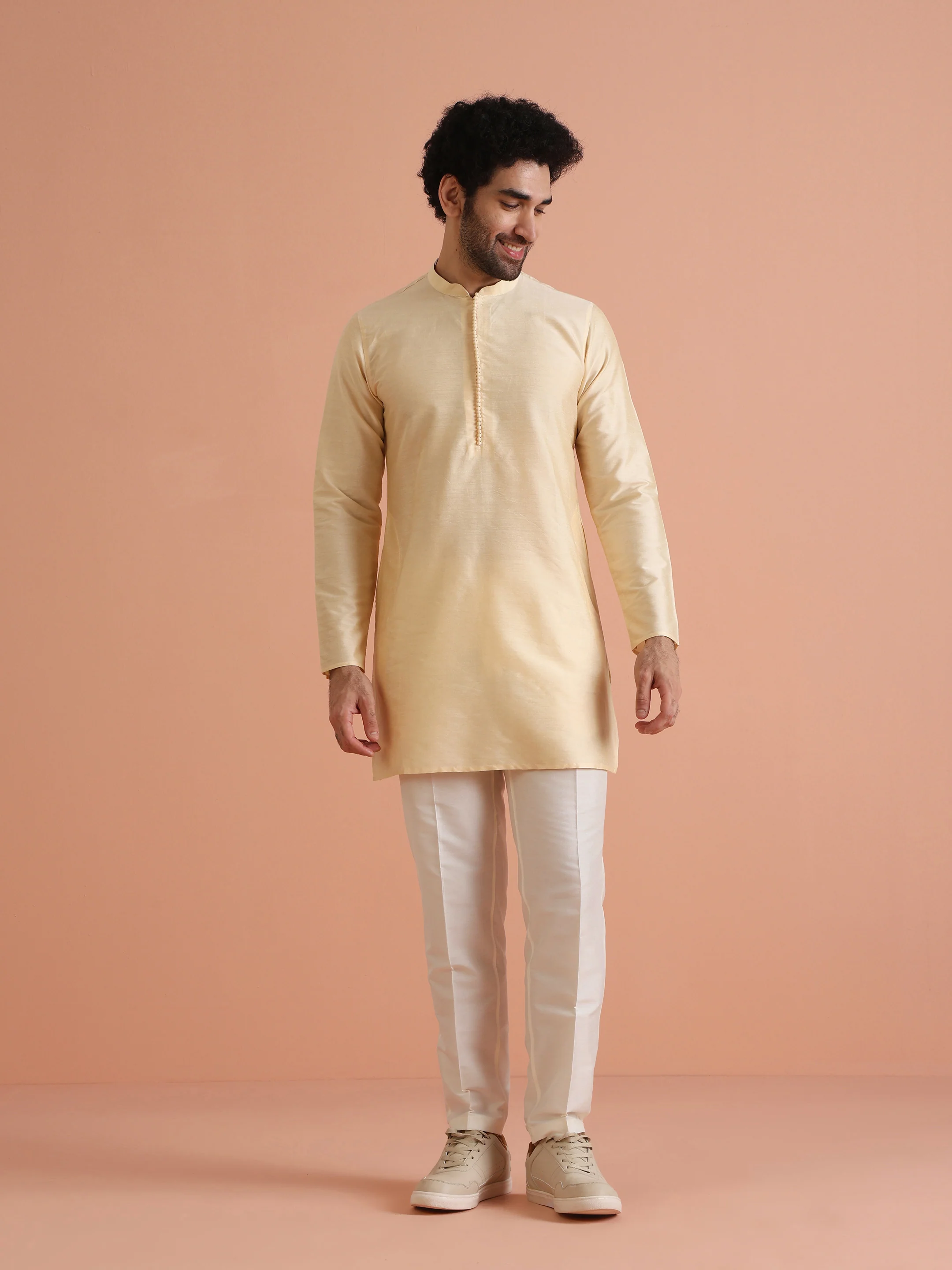 Beige Silk Blend Solid Mid Kurta Trouser Set