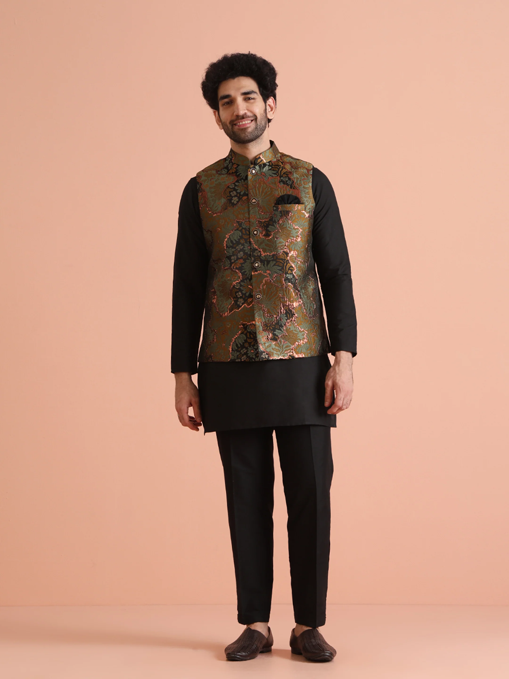 Black Cotton Silk Metallic Sherwani Jacket Kurta Set - Image 2
