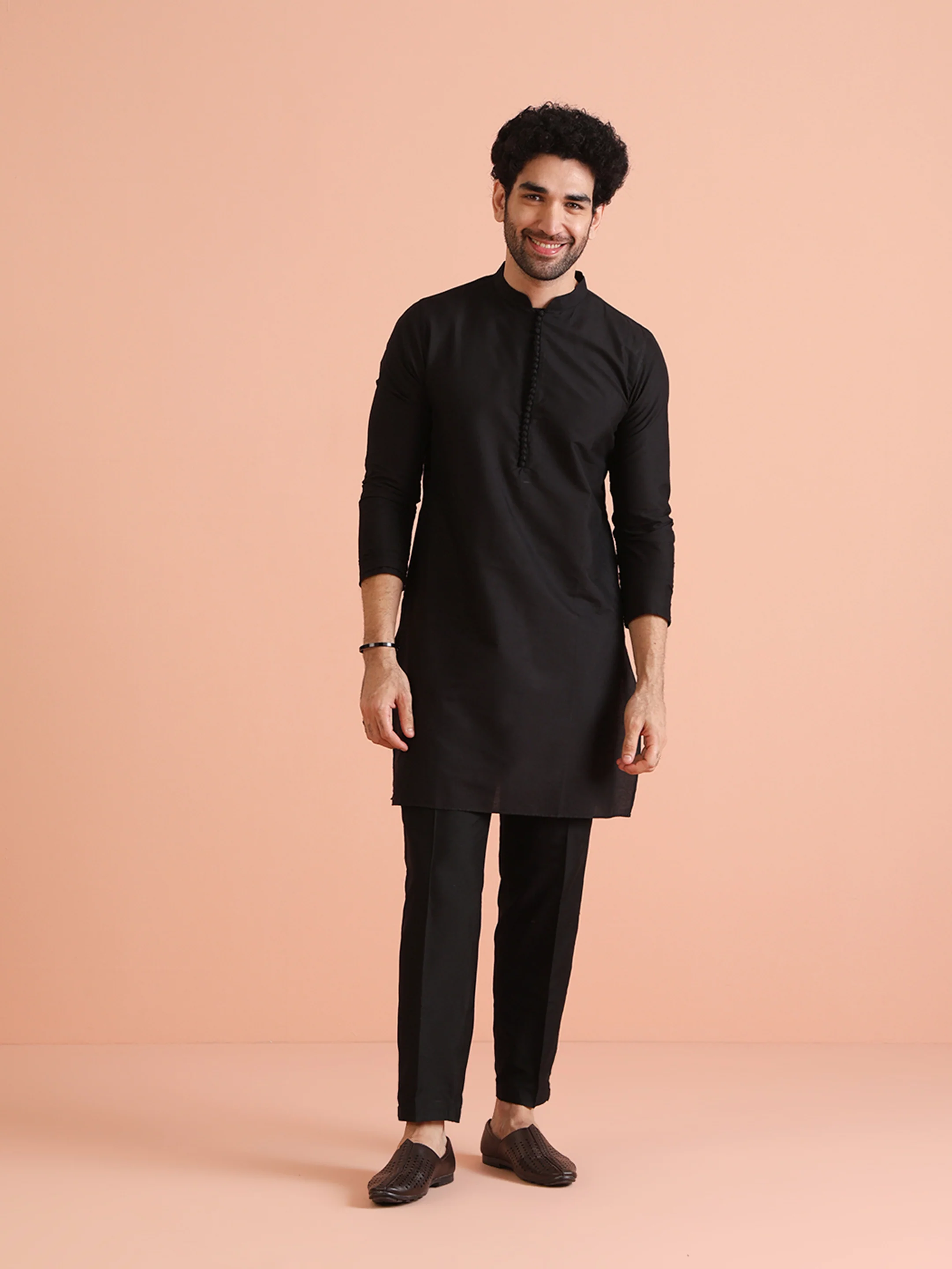 Black Cotton Silk Metallic Sherwani Jacket Kurta Set - Image 8
