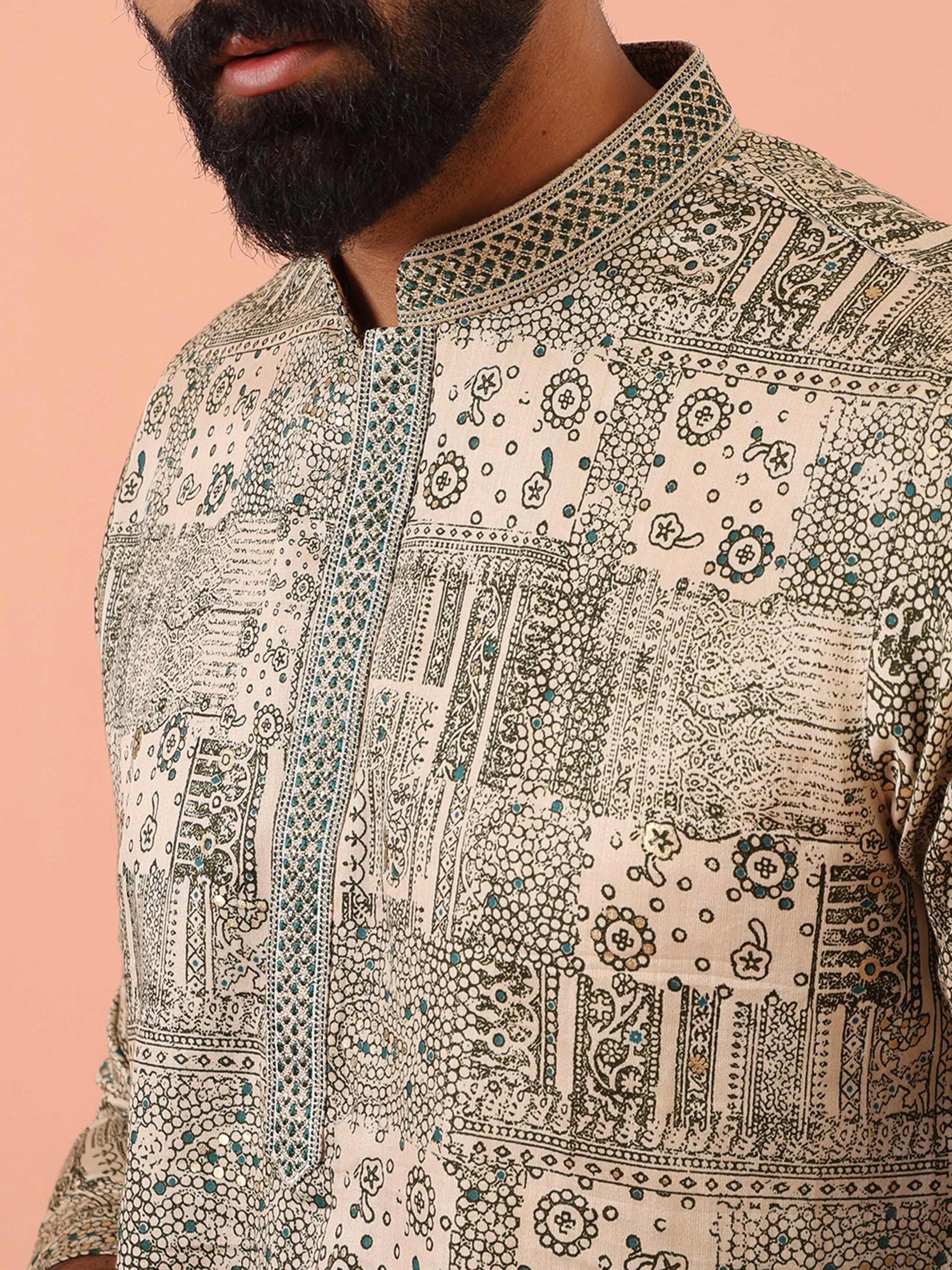 Beige Kurta with All-Over Geometric Print and Mandarin Collar - Image 5
