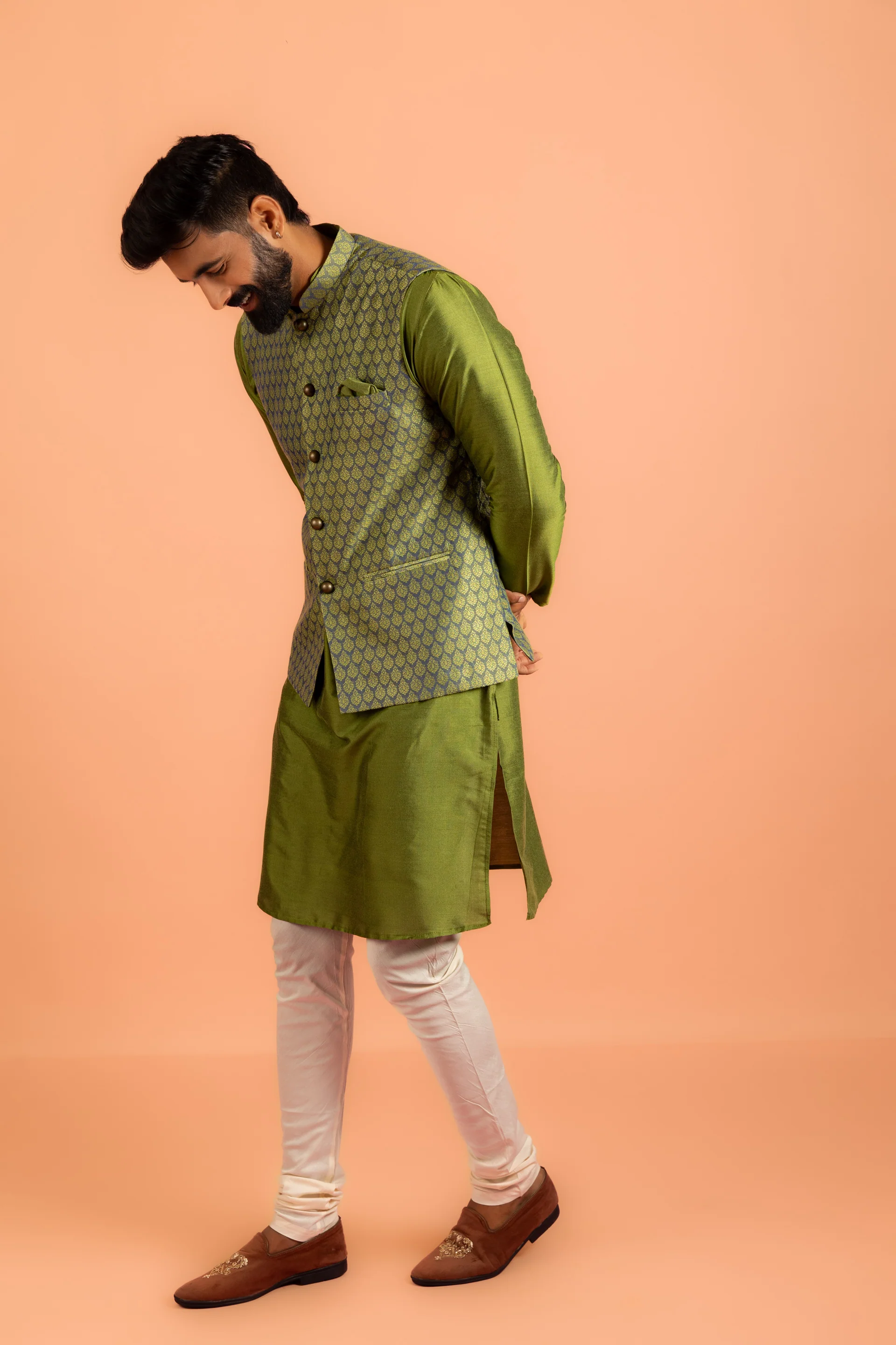 Men Green Jacquard Kurta Jacket Churidar Set with Ethnic Motifs - Image 2