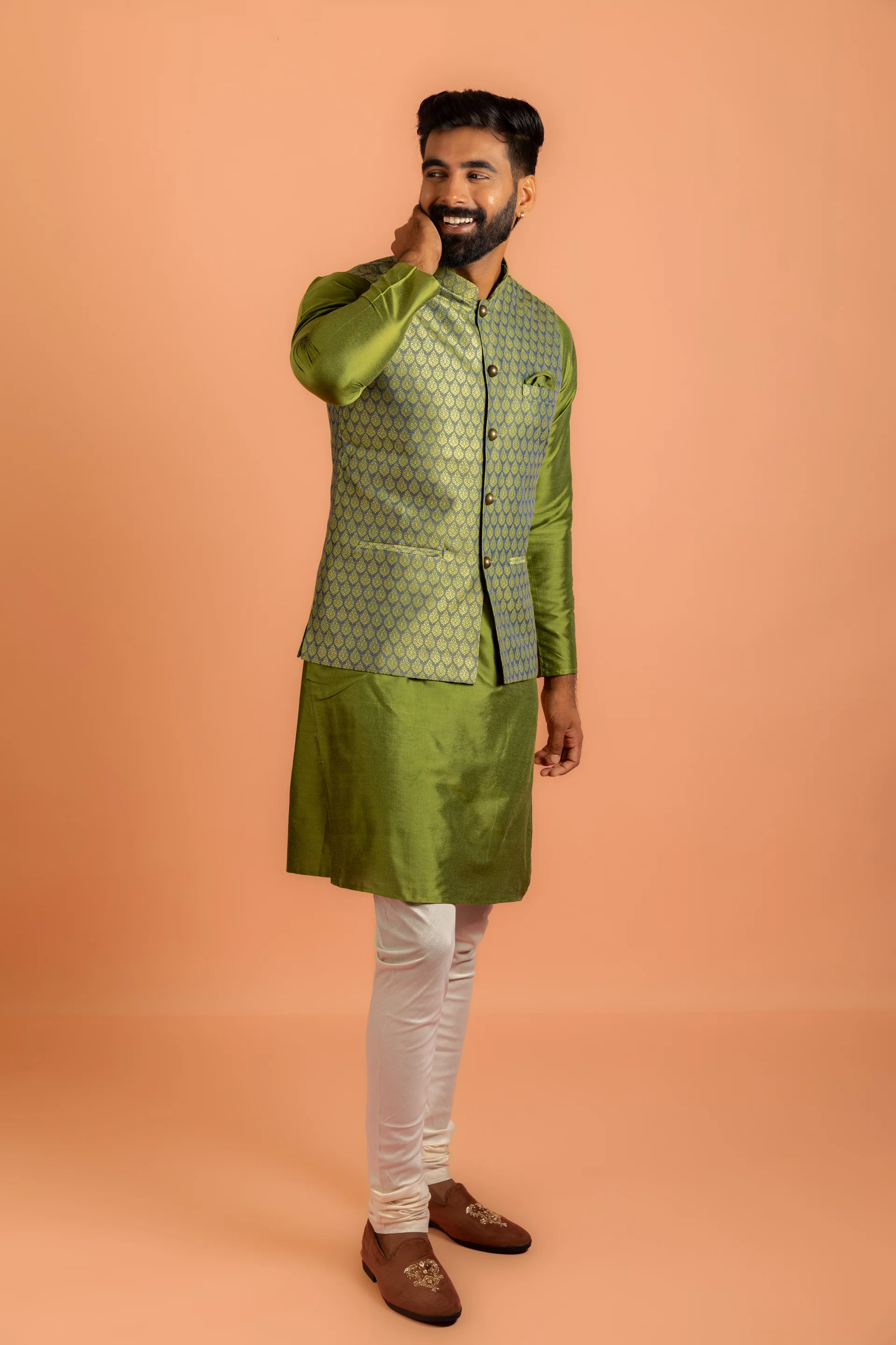 Men Green Jacquard Kurta Jacket Churidar Set with Ethnic Motifs - Image 3