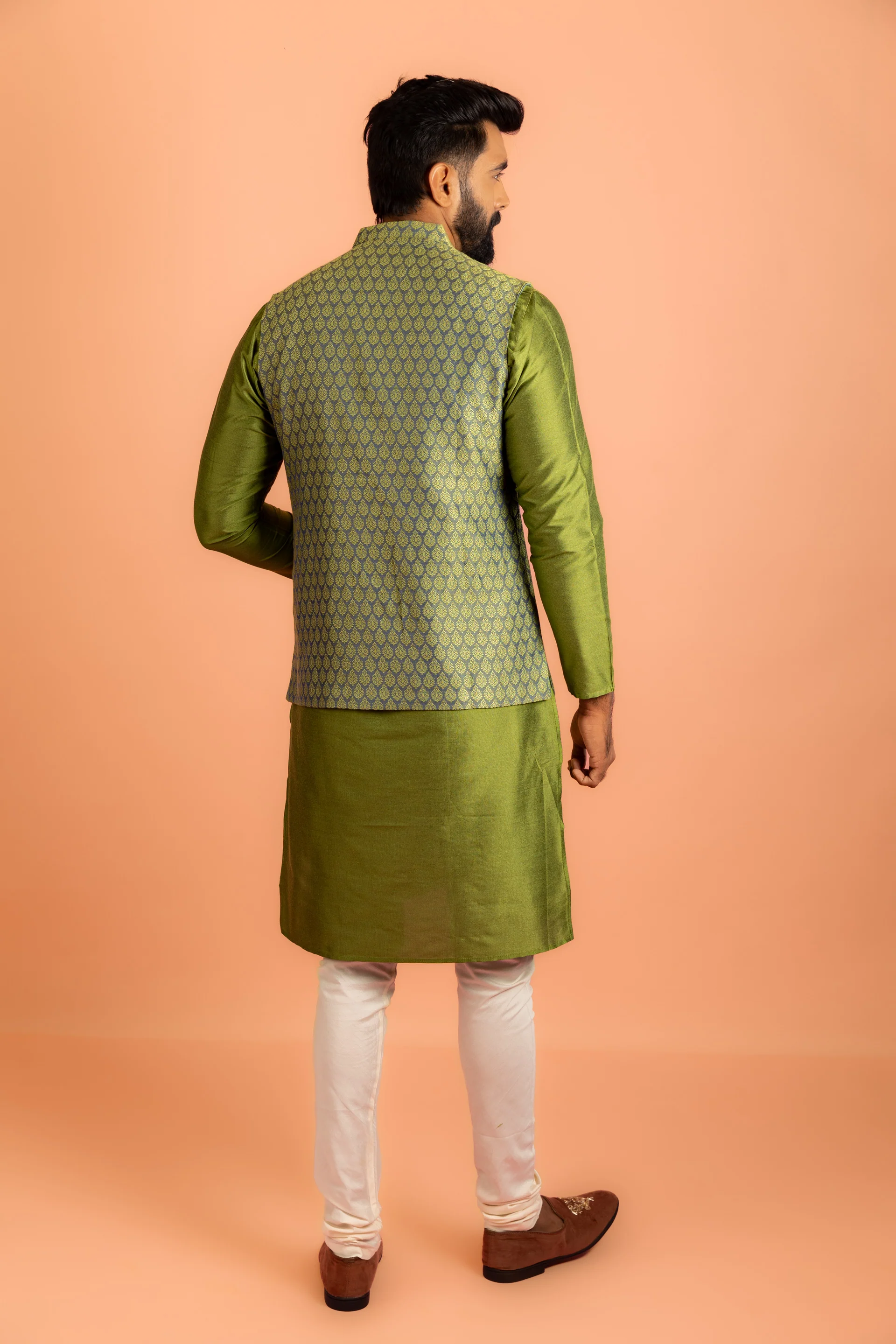 Men Green Jacquard Kurta Jacket Churidar Set with Ethnic Motifs - Image 4