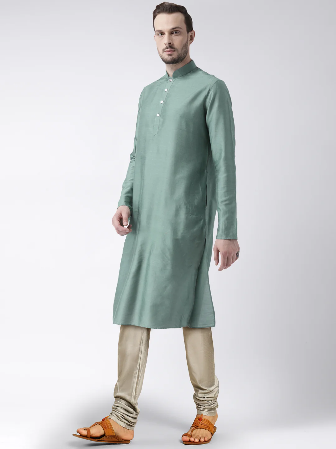 Men Green Kurta Churidar Set - Image 3