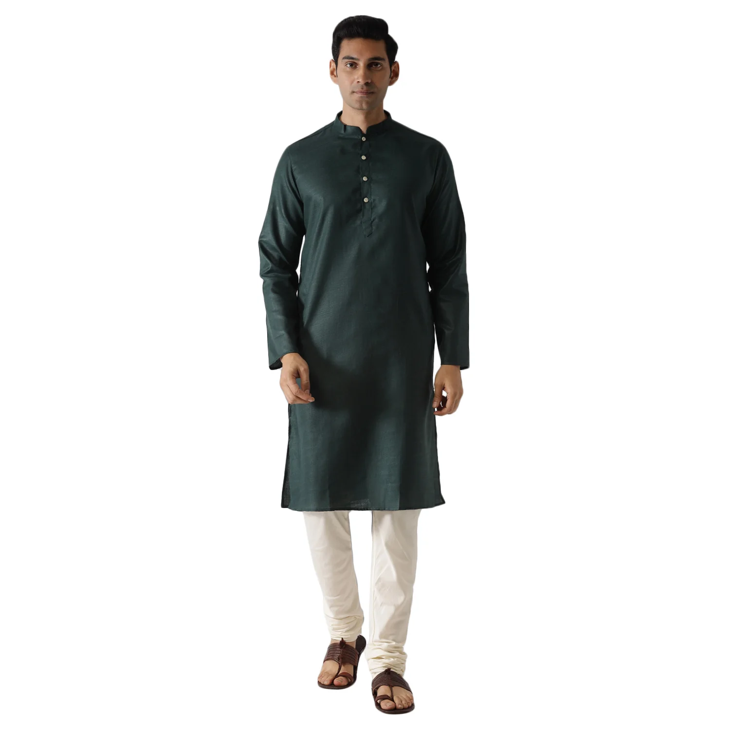 Dark Green Silk Blend Kurta Churidar Set