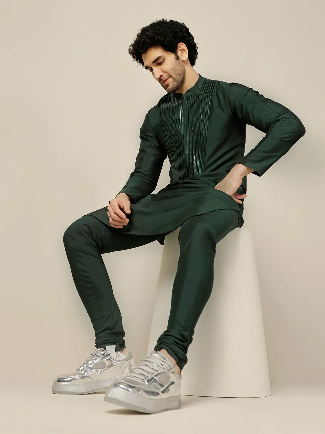 Men Green Kurta Churidar Set