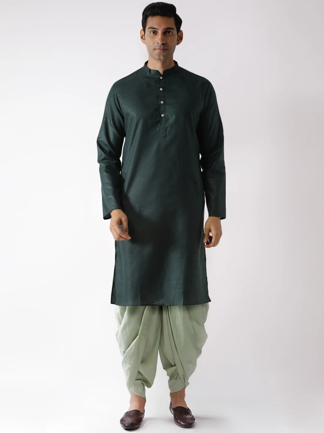Dark Green Solid Kurta with Light Green Dhoti