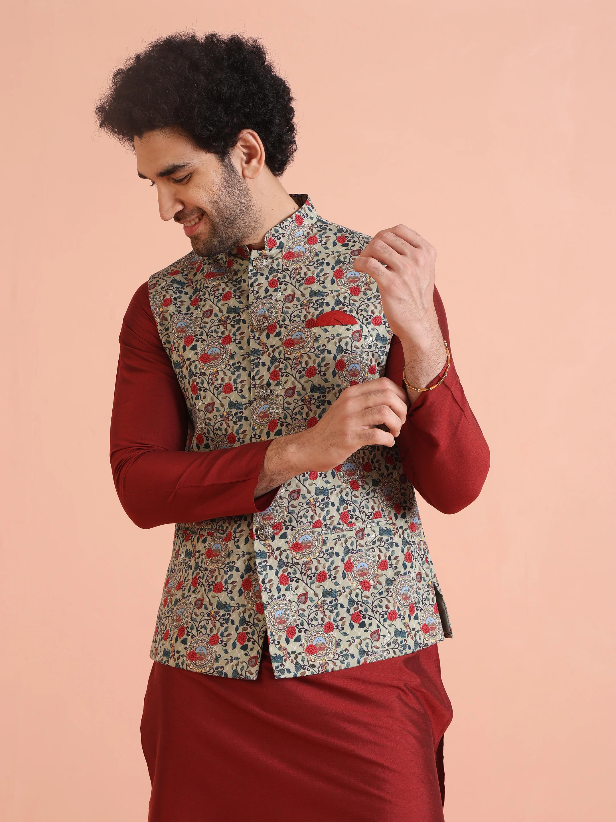 Multi-Coloured Cotton Floral Nehru Jacket Kurta Set - Image 7