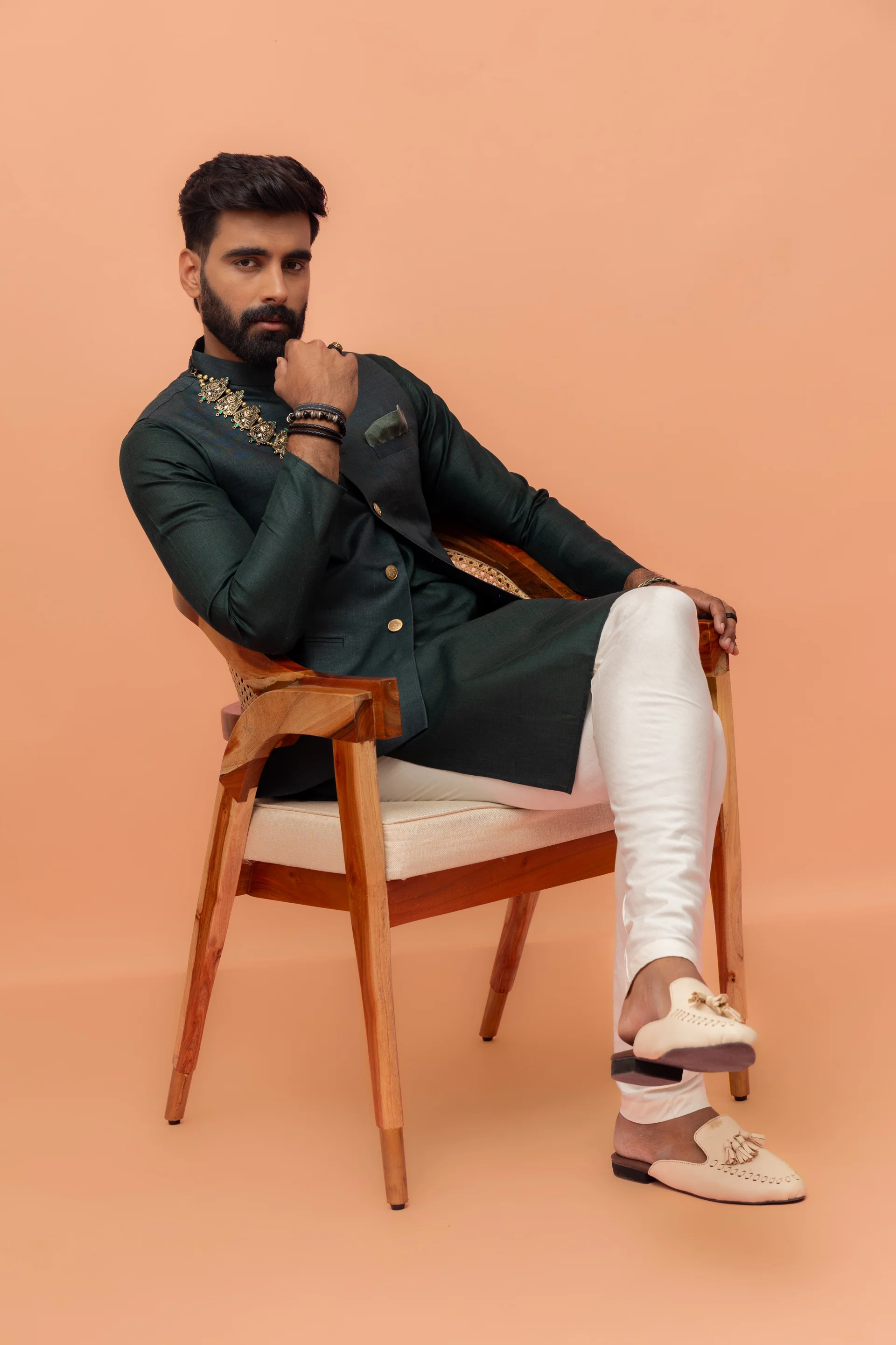 Green Cotton Nehru Jacket Kurta Churidar Set