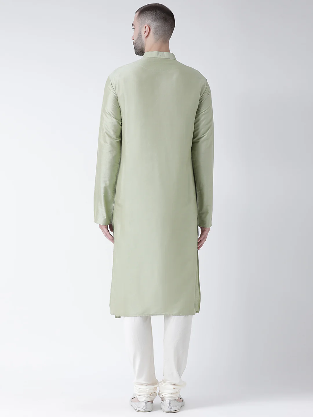 Light Green Silk Blend Solid Long Kurta - Image 3