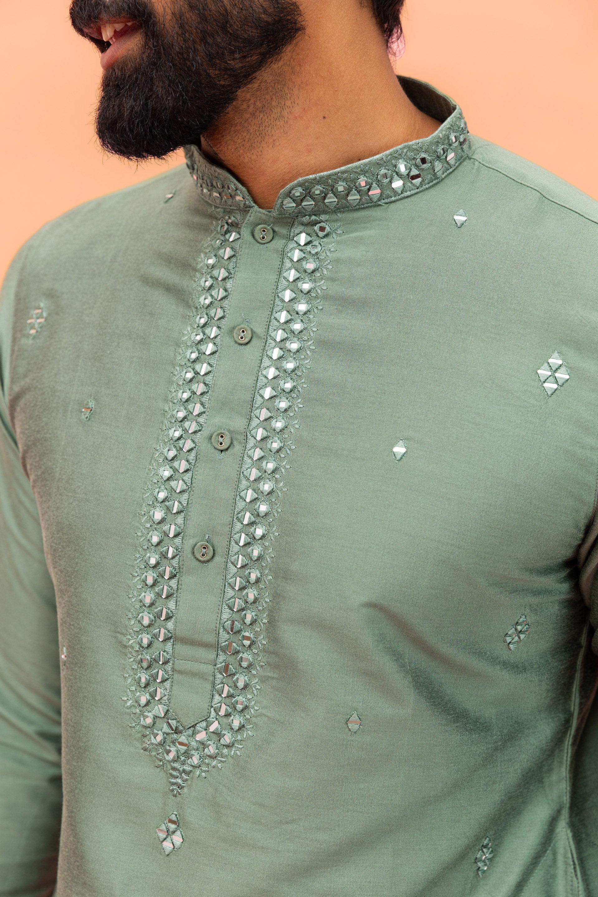Green Cotton Blend Mirror Work Long Kurta - Image 9