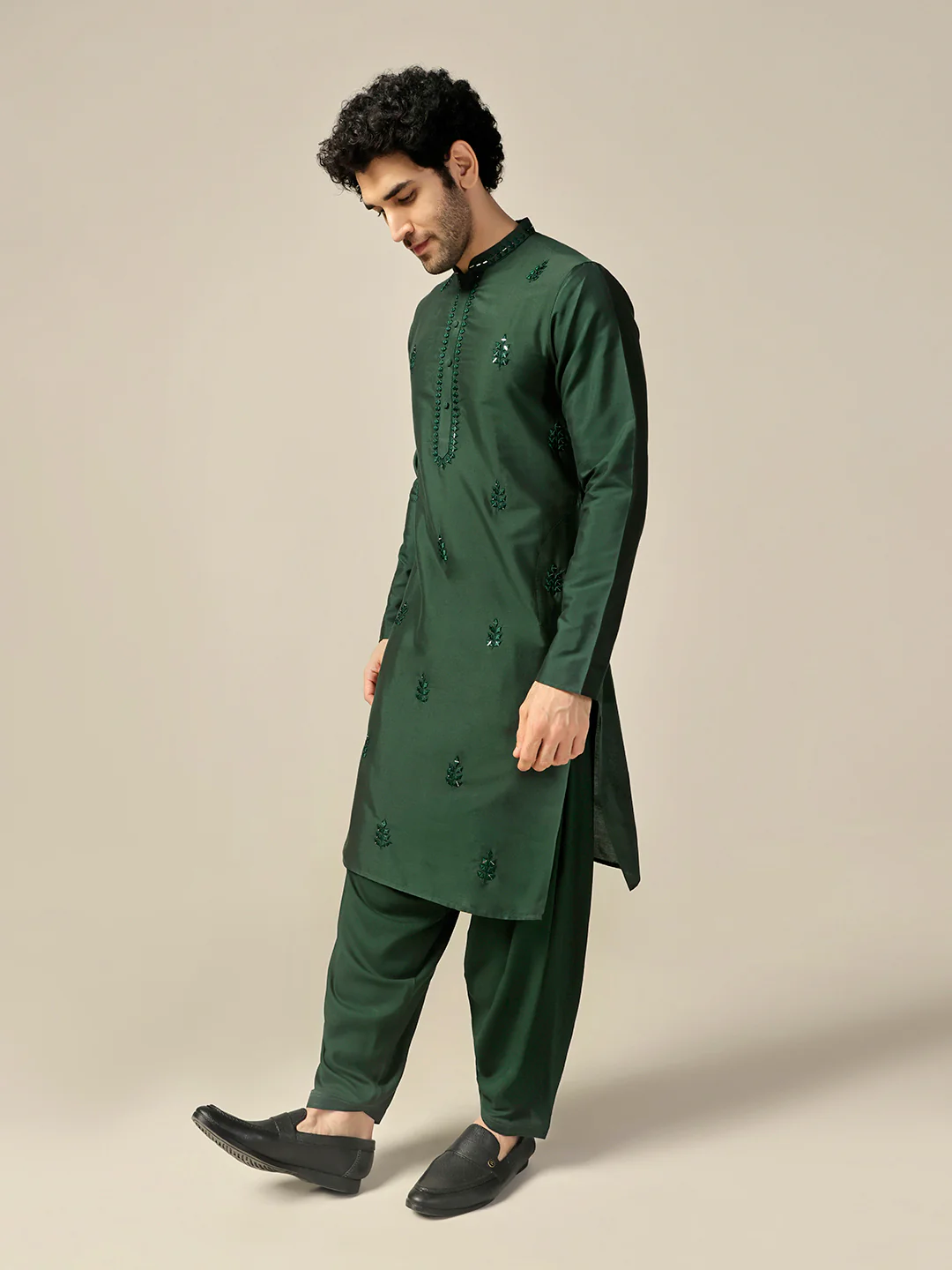 Dark Green Silk Blend Mirror Work Kurta - Image 4