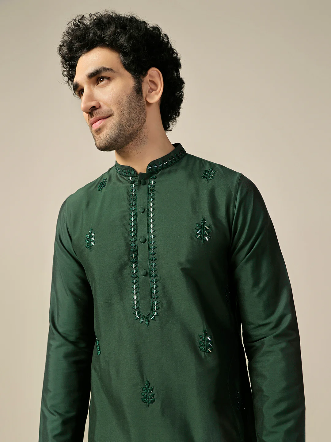 Dark Green Silk Blend Mirror Work Kurta - Image 6