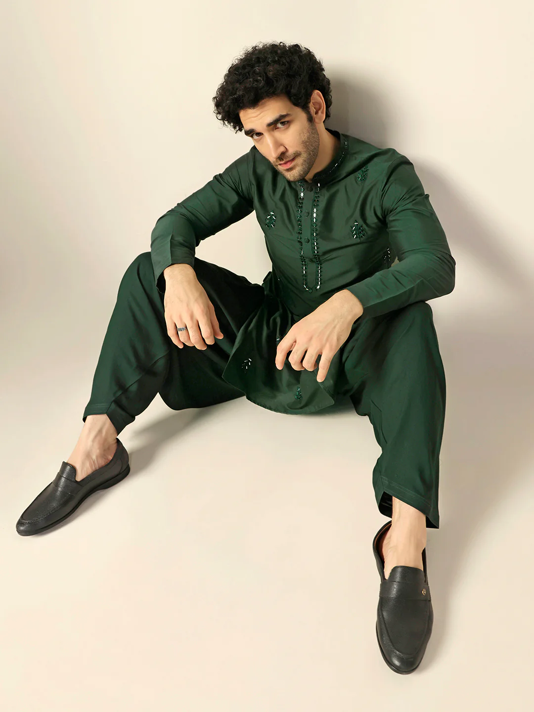 Dark Green Silk Blend Mirror Work Kurta - Image 7