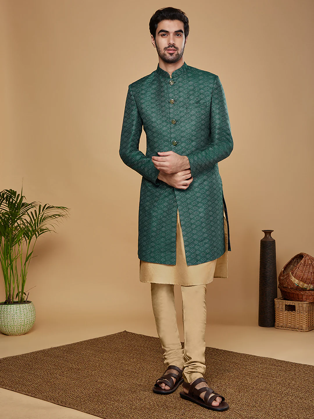 Men Green Kurta Sherwani Churidar Set