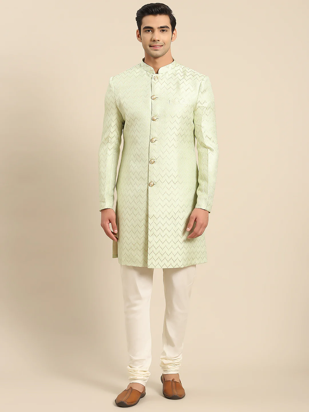 Men Light Green Textured Indowestern Churidar Set