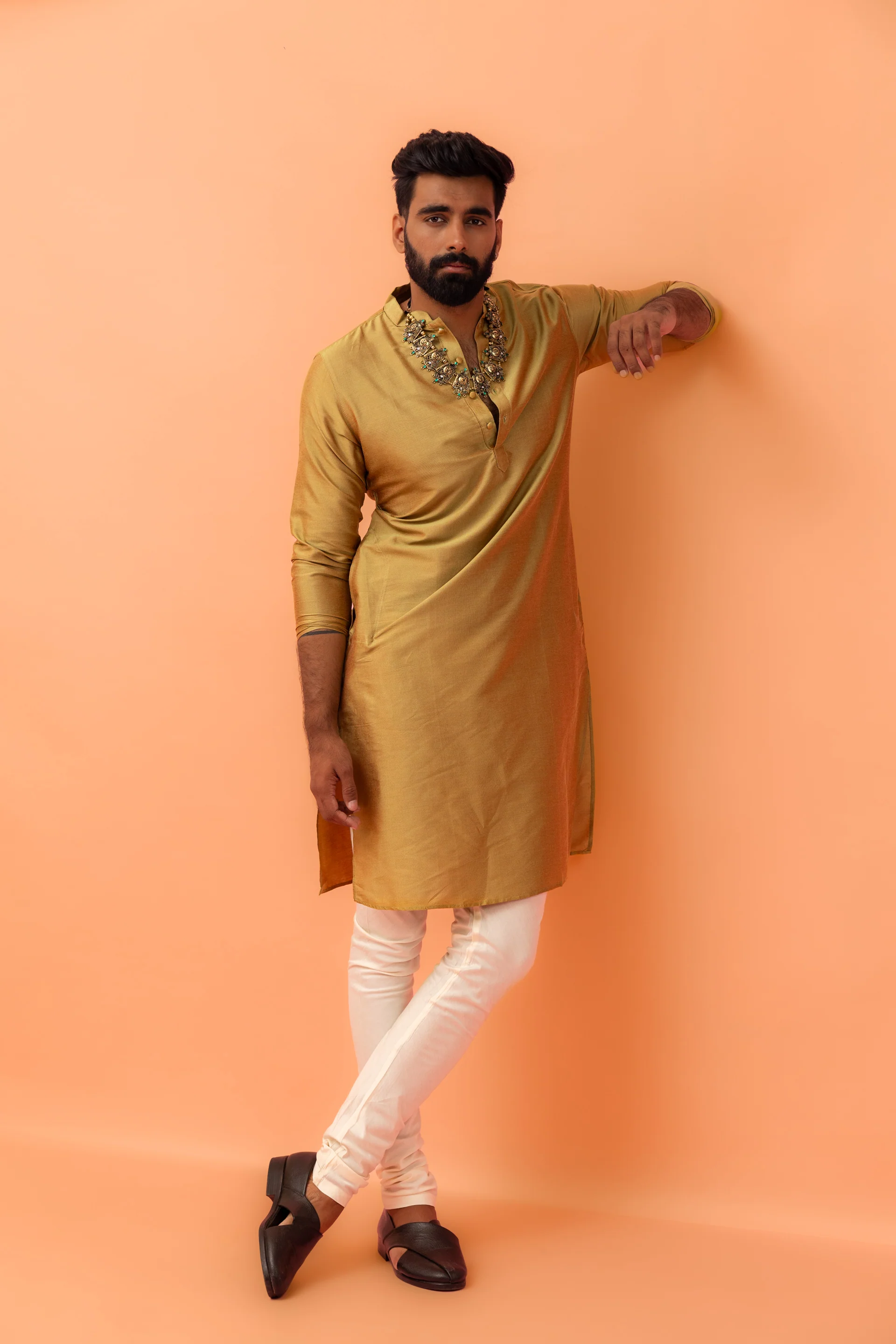 Men Green Solid Kurta Churidar Set